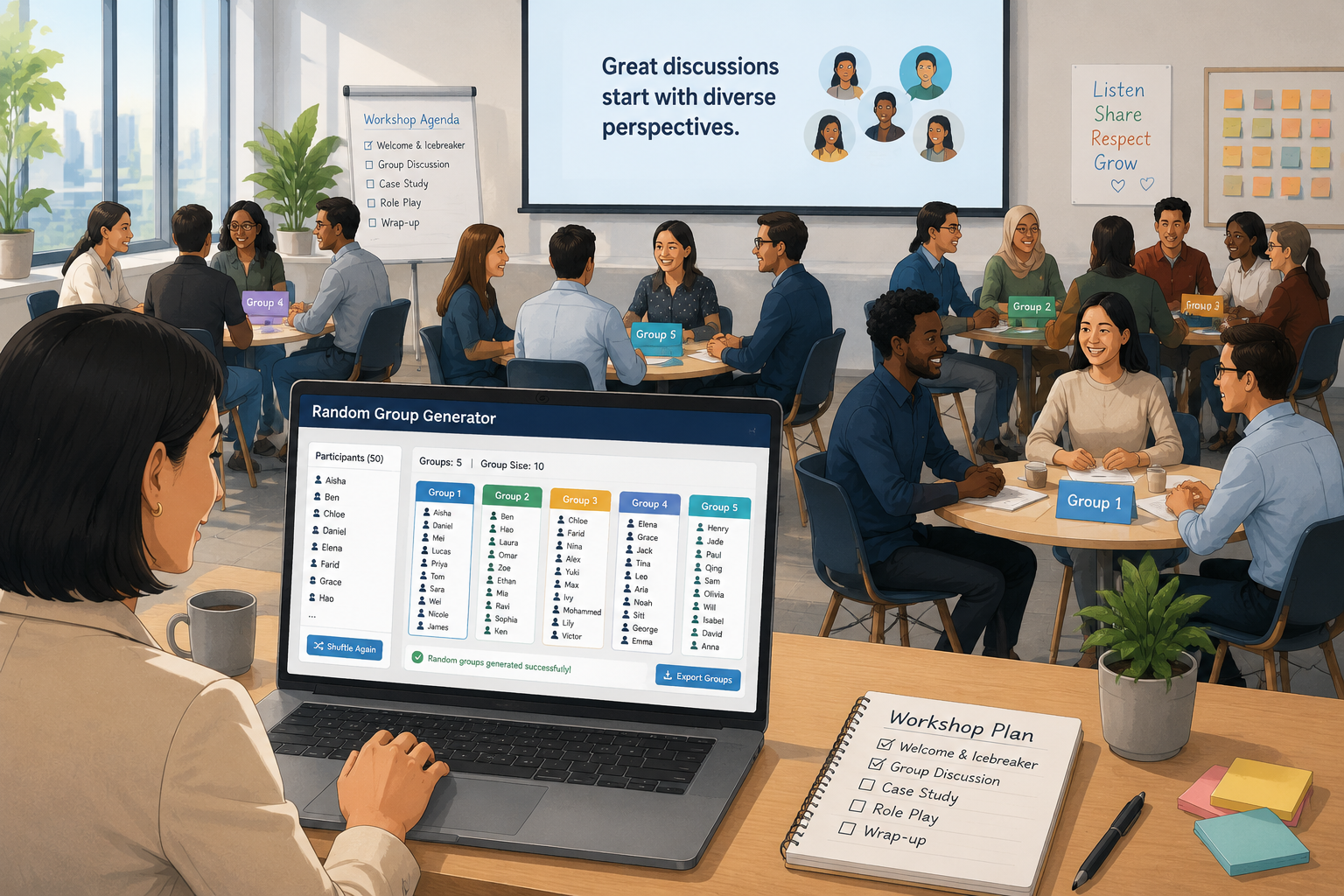 Illustration of a workshop facilitator using a laptop with the Random Group Generator tool open, while diverse participants sit in small breakout groups around the room, bright and engaging training environment.