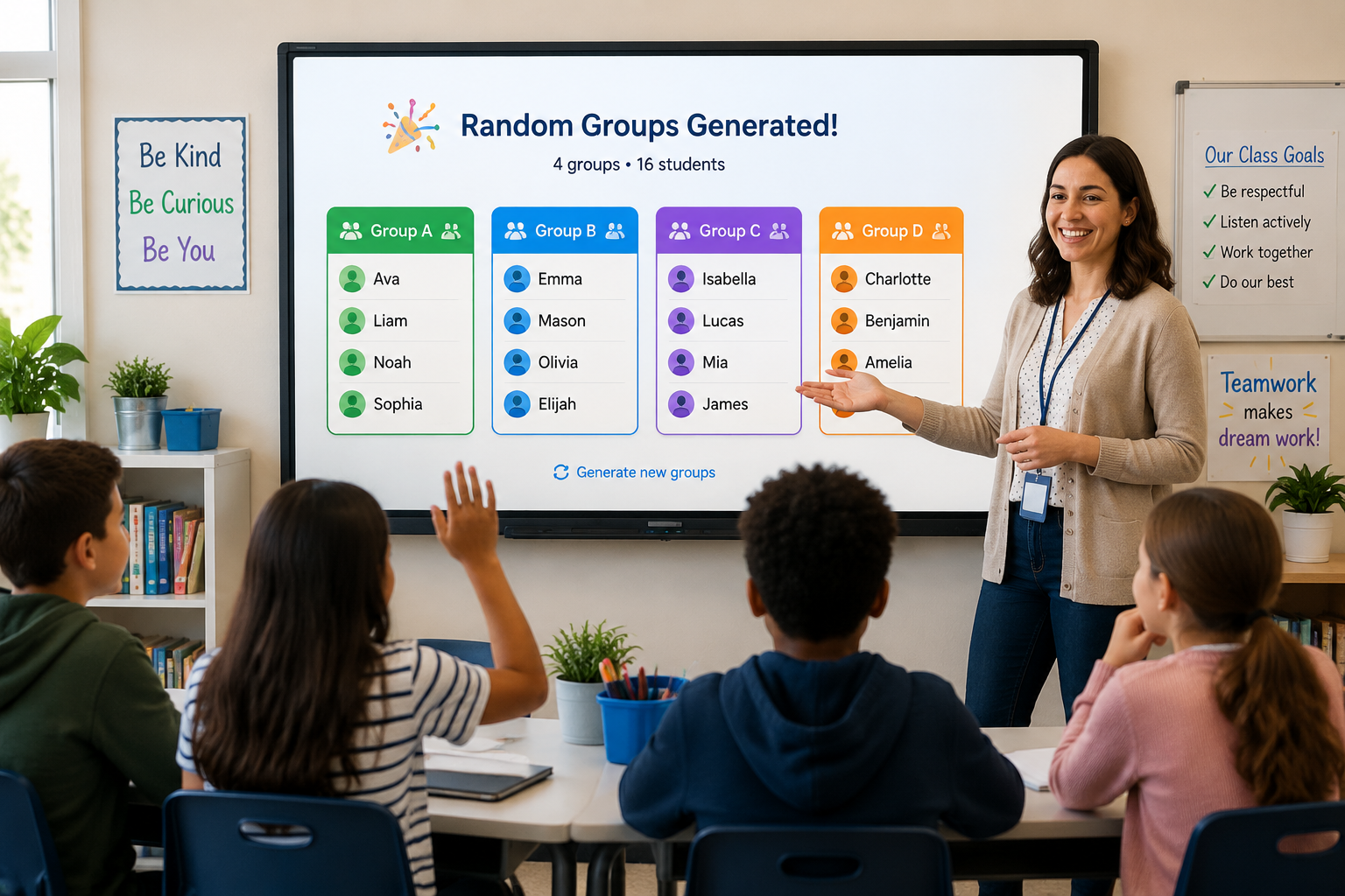A smiling teacher at a classroom smartboard showing freshly generated random groups in colorful cards labeled Group A, Group B. The scene is bright and collaborative.