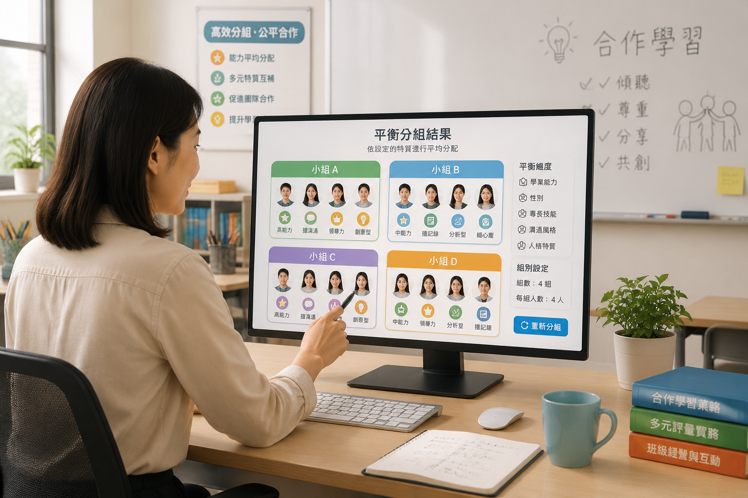 一位教師在電腦前操作線上分組工具，螢幕顯示四個平均分配不同特徵的小組，背景為明亮友善的教室。