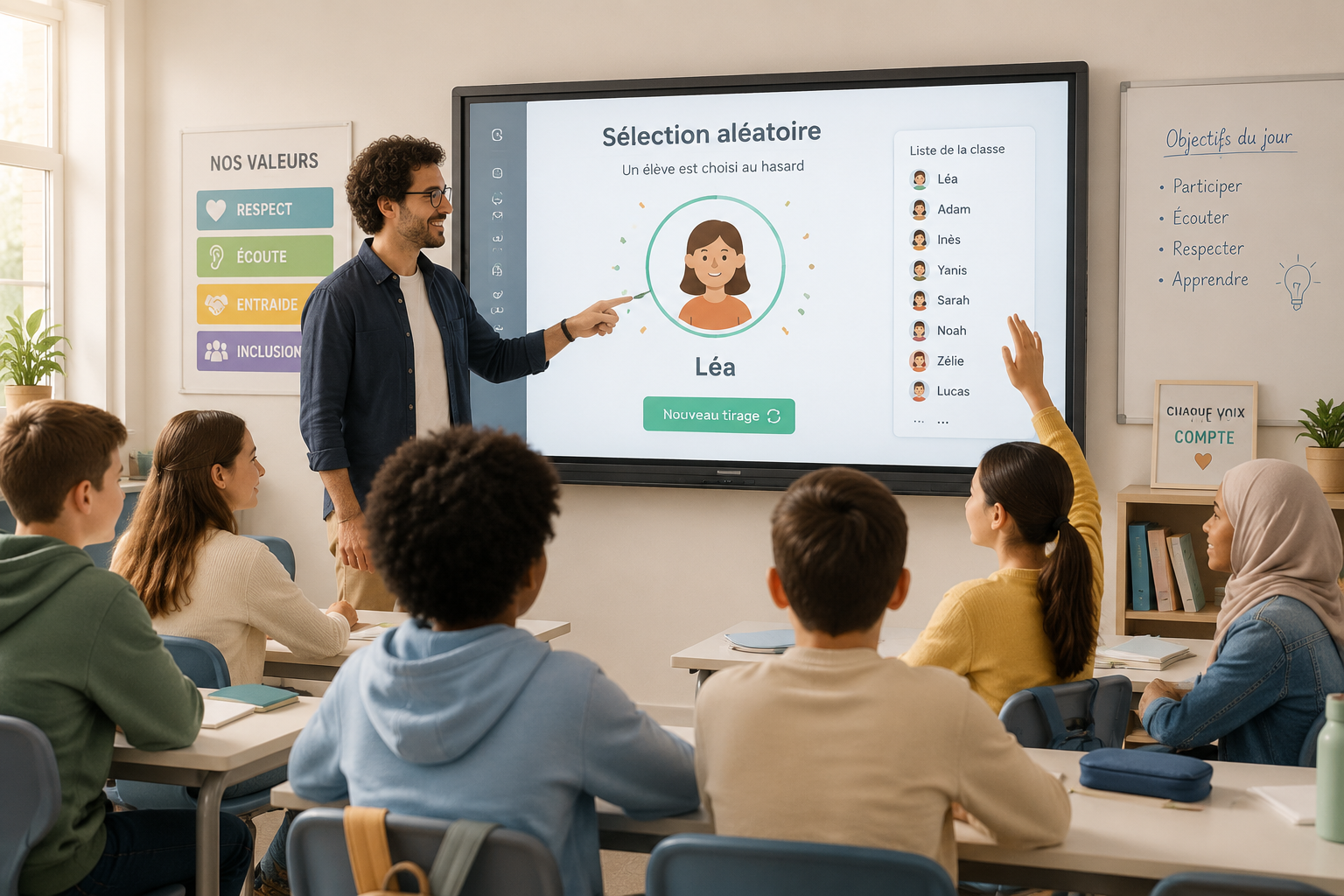 Illustration d’une salle de classe moderne avec un enseignant utilisant un outil numérique de sélection aléatoire sur un écran interactif, élèves attentifs et ambiance inclusive