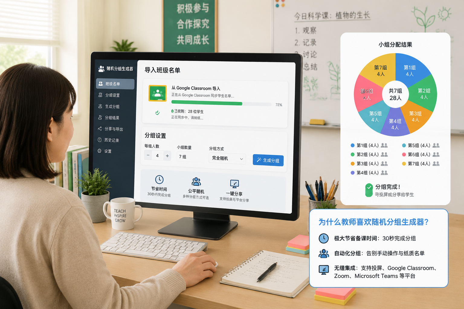 教师端屏幕显示随机分组生成器界面,正在从Google Classroom导入班级名单,旁边有一个小组分配结果饼图