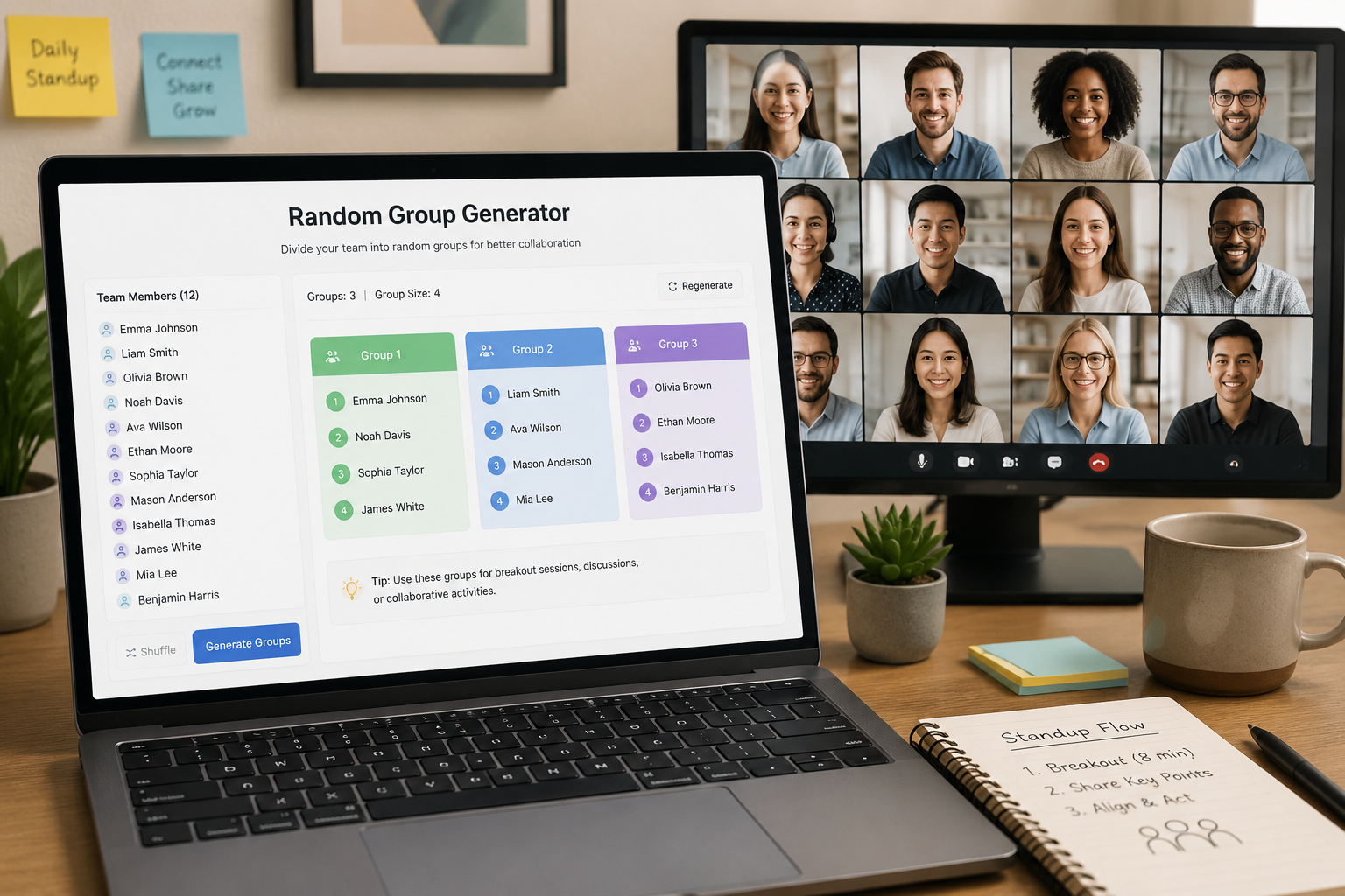A laptop screen displaying a random group generator web app with a list of 12 names divided into three colorful groups, with a video conference grid of smiling teammates visible on a second monitor behind it.