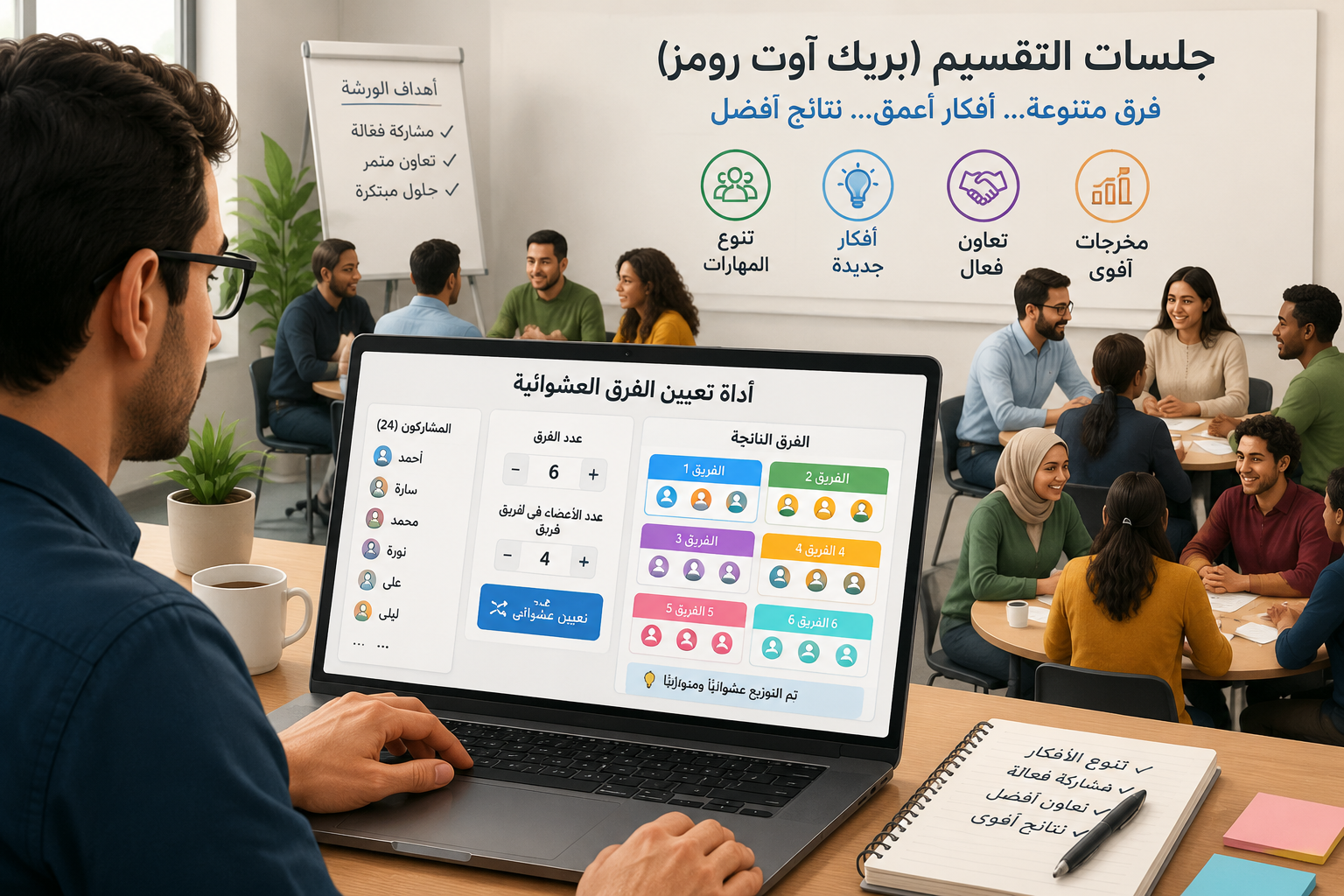 رسم توضيحي لميسر يستخدم حاسوبًا محمولًا تظهر عليه أداة تعيين فرق عشوائية بألوان متنوعة لتوزيع المجموعات في جلسات تقسيم ورشة عمل.