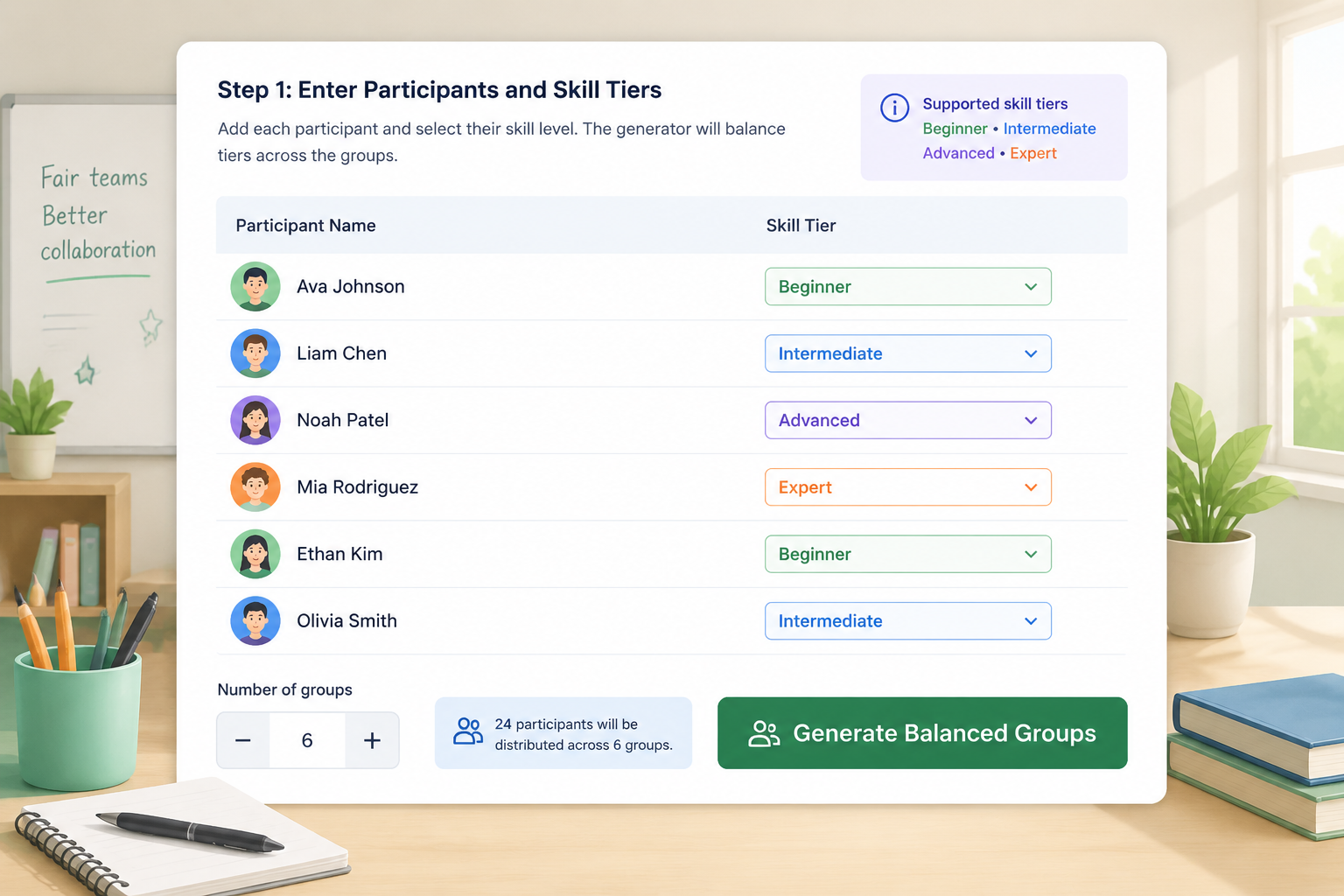 A clean, vector-style user interface illustration of a skill tier input panel. The panel shows a list of names with tier dropdowns (Beginner, Intermediate, Advanced, Expert) beside each name, and a “Generate Balanced Groups” button below.