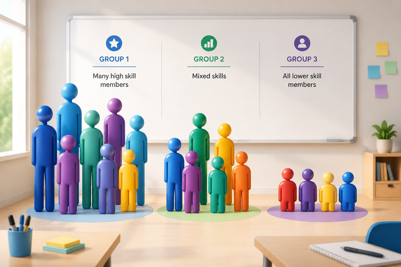 An illustration showing three groups of colorful abstract figures; the groups have visibly uneven sizes and compositions, with one group having many tall figures and another having only short figures, conveying an unbalanced team problem.
