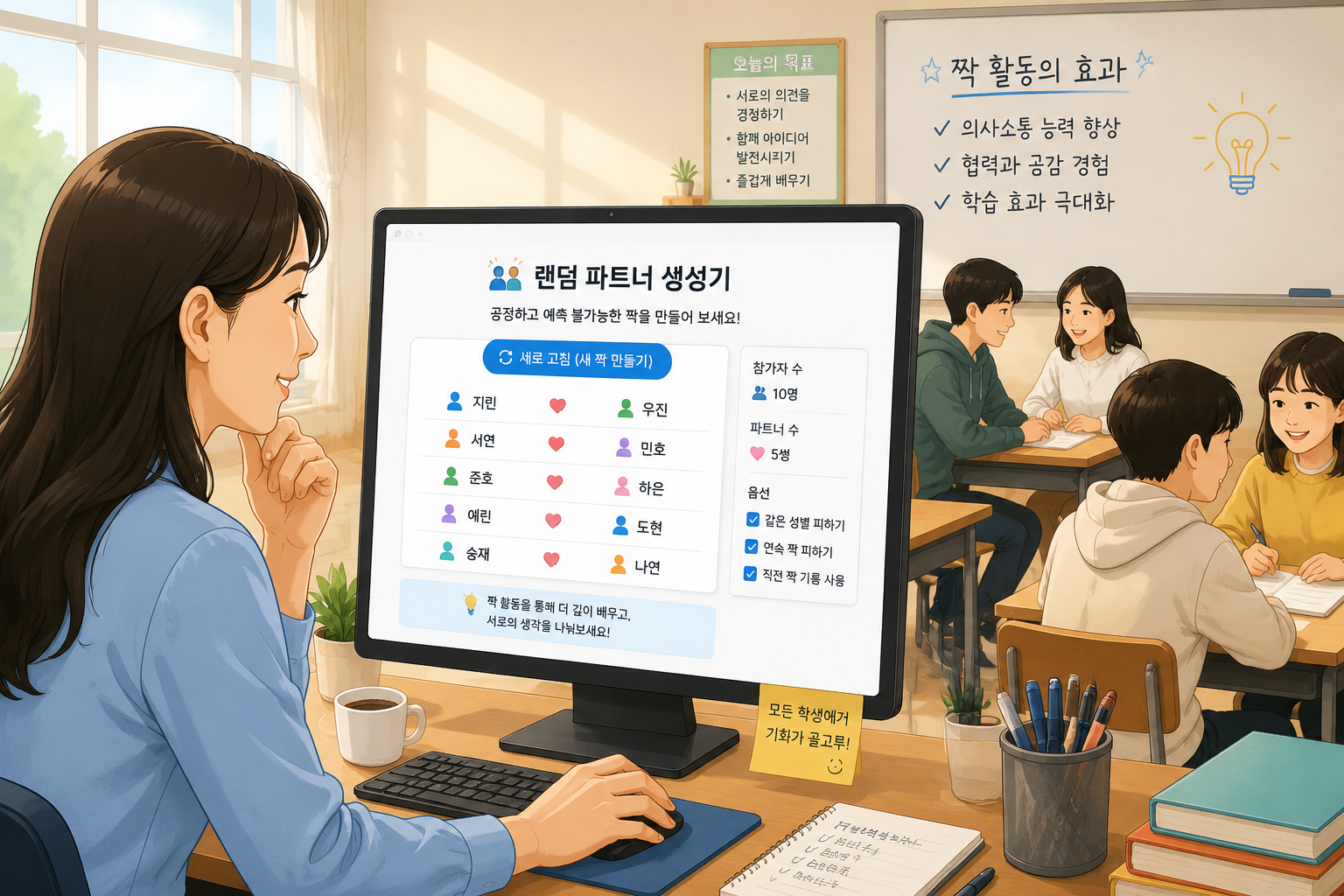 교사가 컴퓨터 화면의 랜덤 파트너 생성기를 보며 학생들의 짝을 확인하는 밝은 교실 일러스트