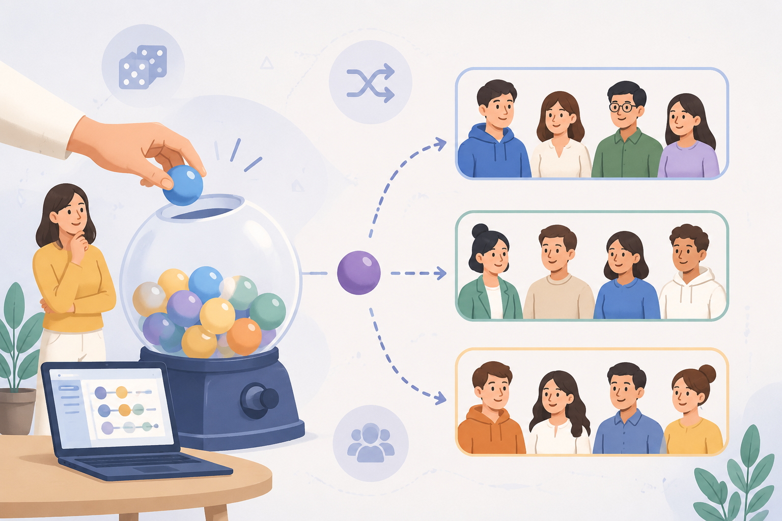 editorial knowledge graph illustration about 什麼是隨機分組？. Section context: 隨機分組是指透過抽籤、亂數演算法或工具，將參與者完全隨機地分配到不同組別。這種方式最大的優點在於公平性，且能打破既有的社交圈，讓平時較少互動的人有機會合作。, locale zh-tw, soft light, minimal text, clear subject, web article image