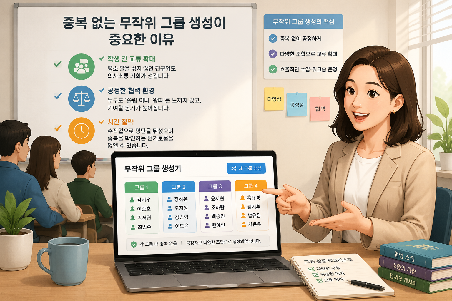 노트북 화면에 다양한 색상의 그룹 목록이 표시되고, 교사가 편안하게 웃으며 무작위 그룹 생성기를 사용하는 16:9 교육용 일러스트