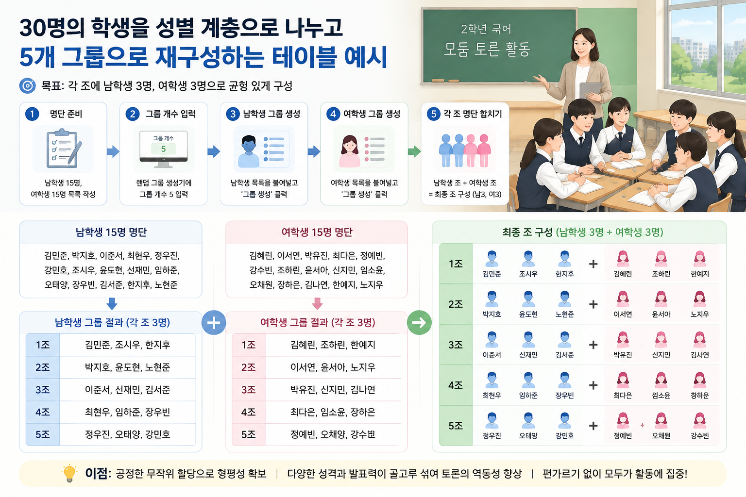30명의 학생을 성별 계층으로 나누고 5개 그룹으로 재구성하는 테이블 예시 (남학생 3명, 여학생 3명)