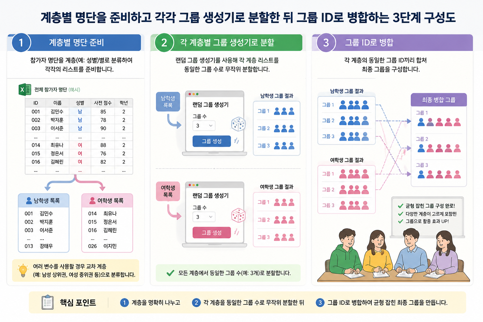 계층별 명단을 준비하고 각각 그룹 생성기로 분할한 뒤 그룹 ID로 병합하는 3단계 구성도