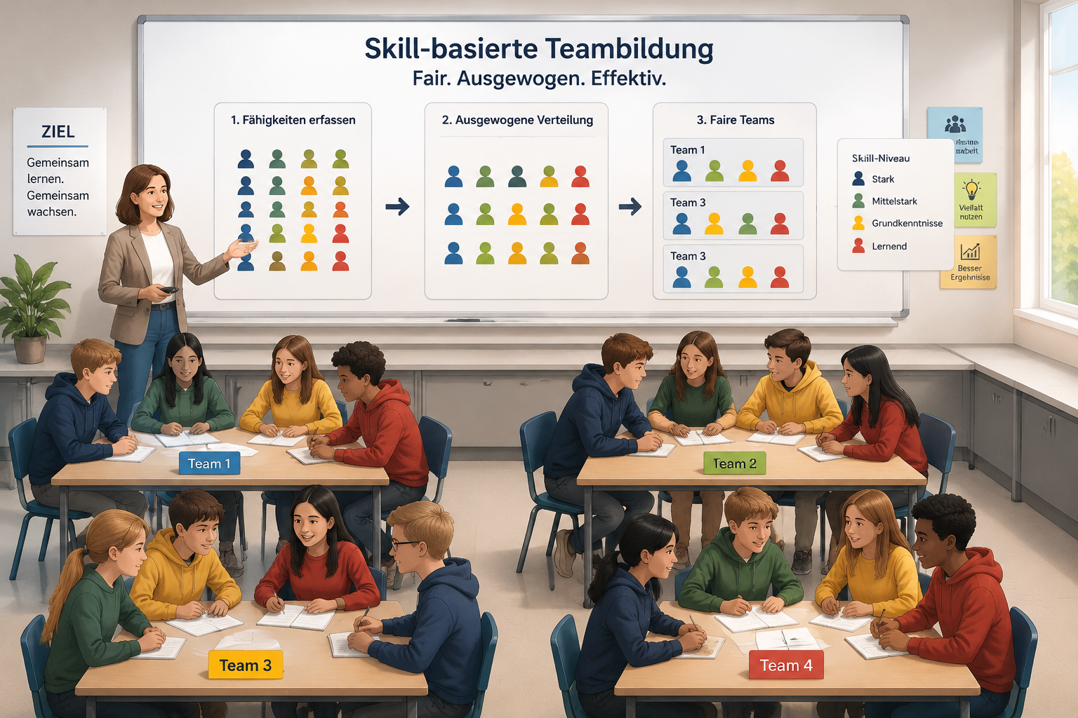 Illustration of a classroom or workshop where participants are distributed into balanced groups based on skill levels, shown as simple color-coded icons and tables
