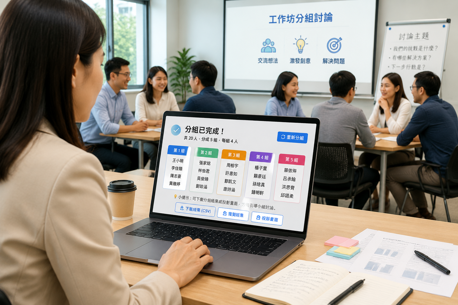 一名培訓師在筆記型電腦前操作團隊隨機分組工具，螢幕上顯示剛生成的分組清單，背景是工作坊中正在進行小組討論的參加者。