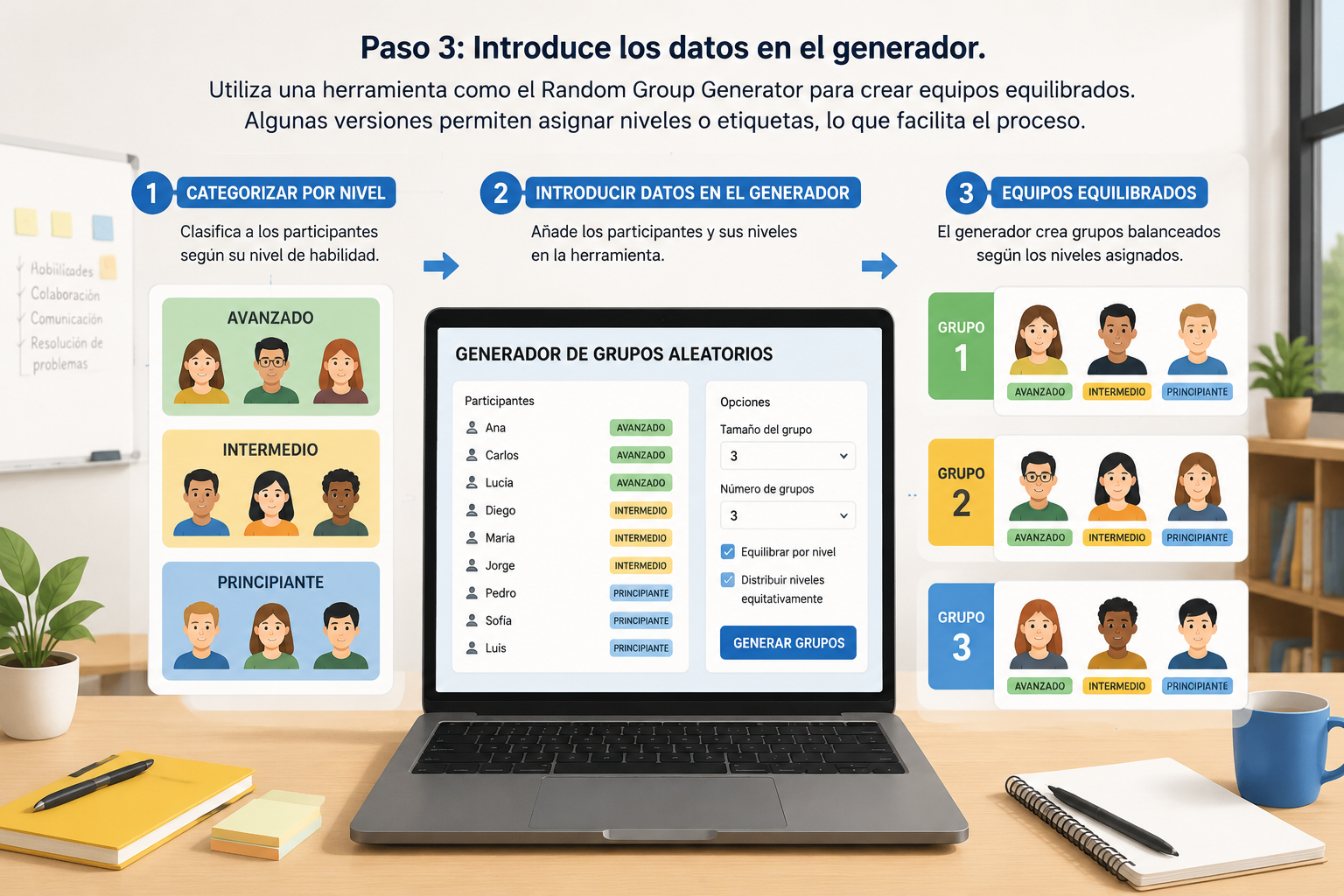 Step-by-step workflow showing participants being categorized by skill level and then assigned into balanced groups using a digital generator interface