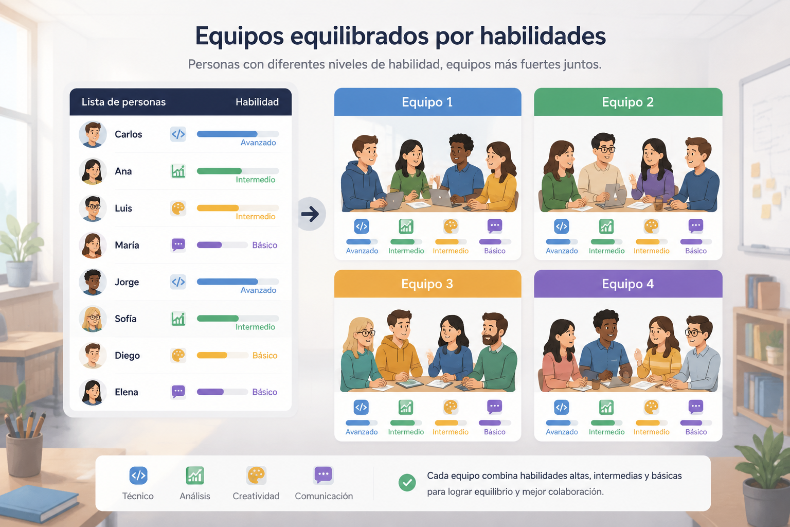 Illustration of diverse students or employees grouped into balanced teams with skill levels visually represented using simple icons and color-coded skill bars