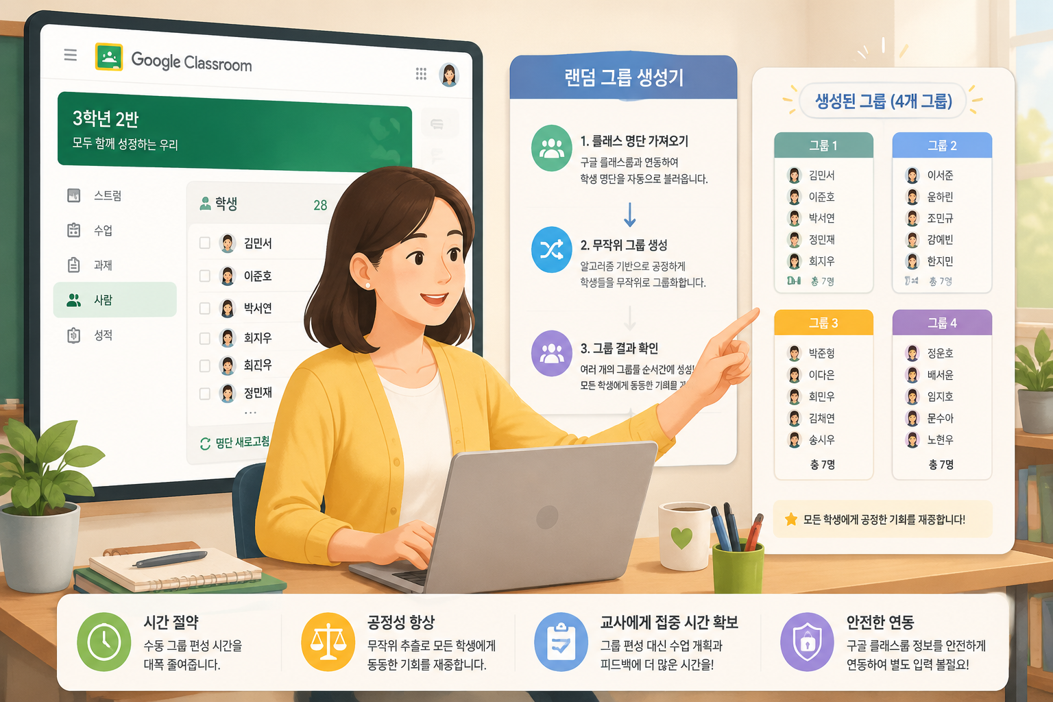 선생님이 구글 클래스룸 화면 옆에서 랜덤 그룹 생성기를 사용하는 모습을 보여주는 친근한 일러스트레이션