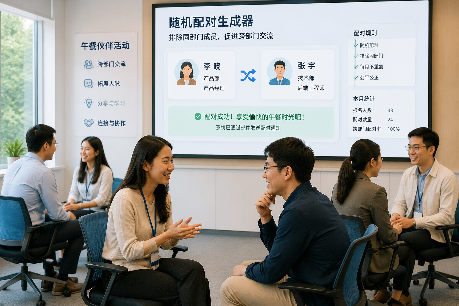 Students practicing a dialogue in pairs in a classroom, with a screen showing a random partner generator interface.