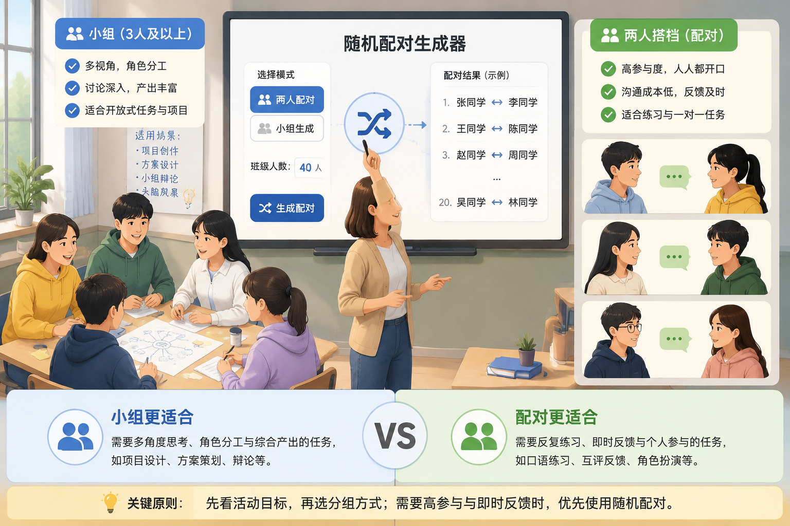 Comparison graphic: left side shows a group of five students, right side shows pairs of two, with a teacher at the board using a random pairing tool.