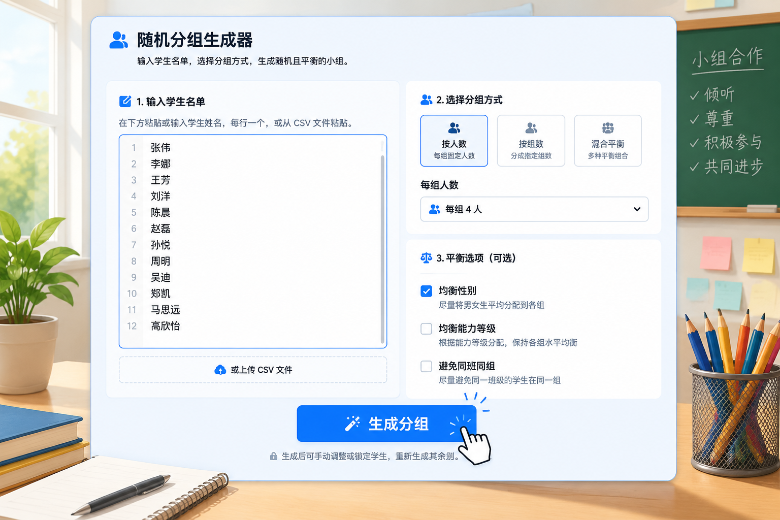 在随机分组生成器中粘贴姓名列表的画面，选项为“每组4人”，生成按钮高亮