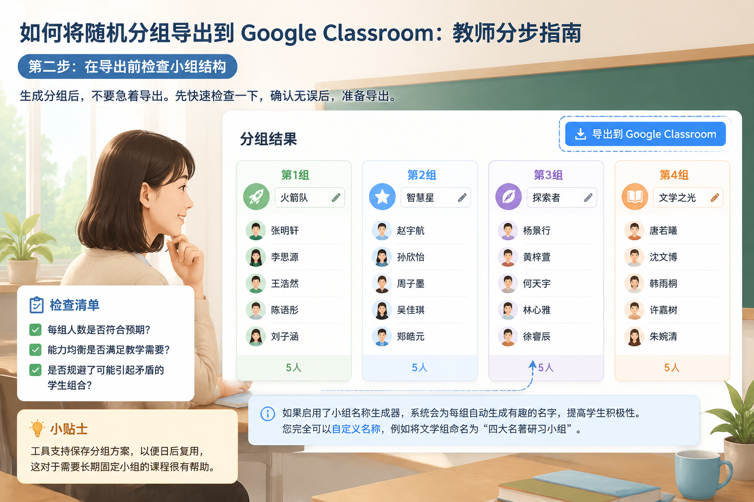 分组结果页面显示4组学生名单，每组旁有可编辑名称栏，导出按钮位于右上角