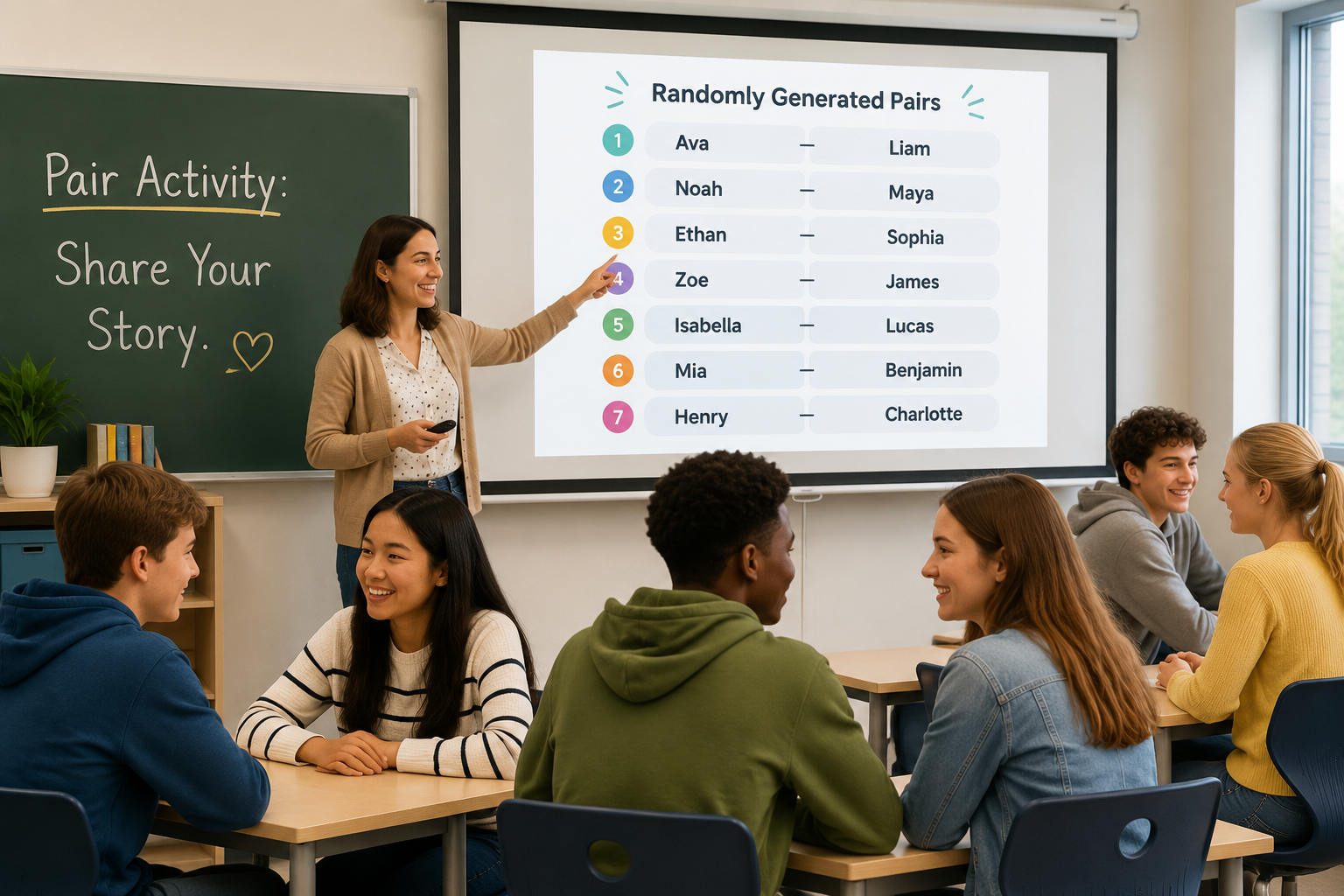 A teacher in a classroom points at a projected screen that shows randomly generated pairs. Students are smiling, each turning to face a partner. The board in the background reads “Pair Activity: Share Your Story.”