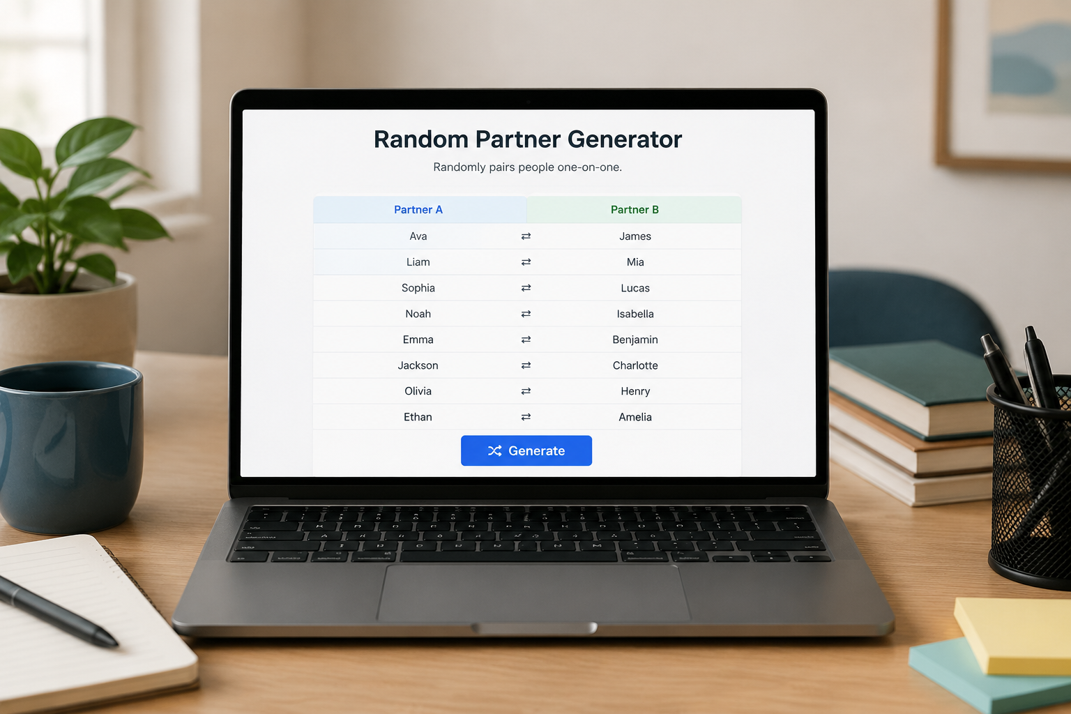 A clean desk setup with a laptop displaying a “Random Partner Generator” web app. The screen shows two columns of names paired randomly, one person per row, with a “Generate” button.