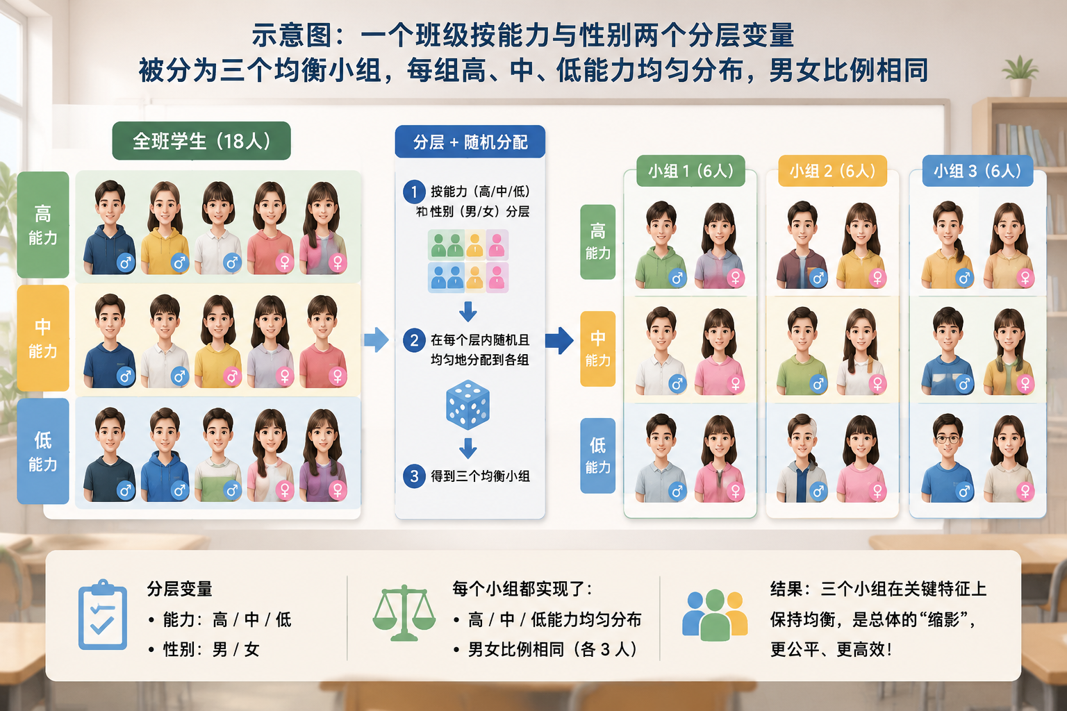 示意图:一个班级按能力与性别两个分层变量被分为三个均衡小组,每组高、中、低能力均匀分布,男女比例相同