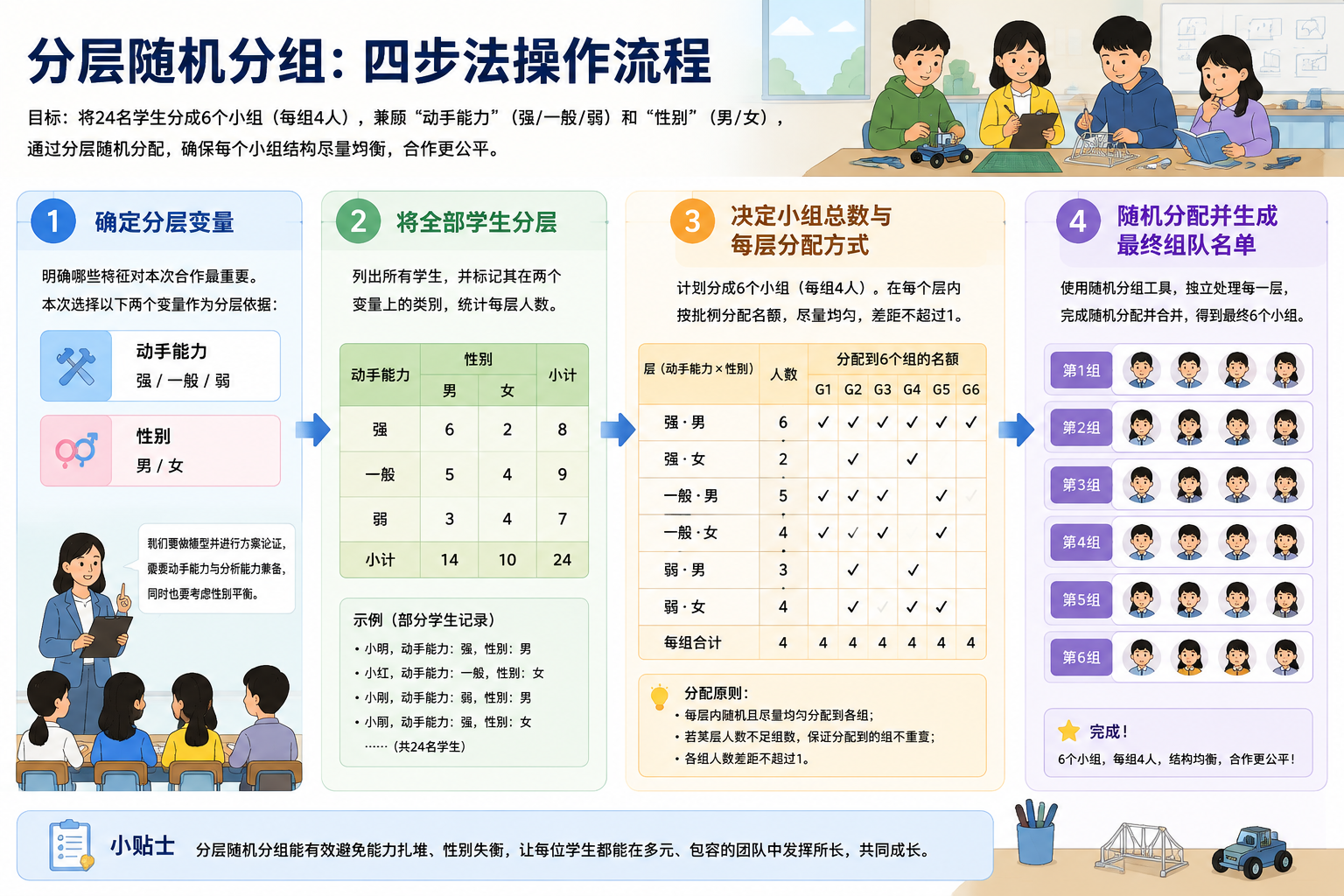 流程图:从确定分层变量,到按层列表,再到每层使用随机分组工具独立分配,最后合并最终小组