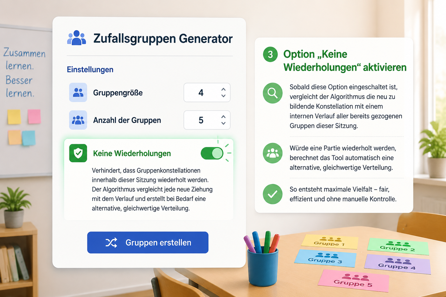 Das Einstellungsfeld des Zufallsgruppen-Generators mit den Optionen Gruppengröße, Anzahl der Gruppen und einem hervorgehobenen Schalter „Keine Wiederholungen“ in einem hellen, klaren Design.
