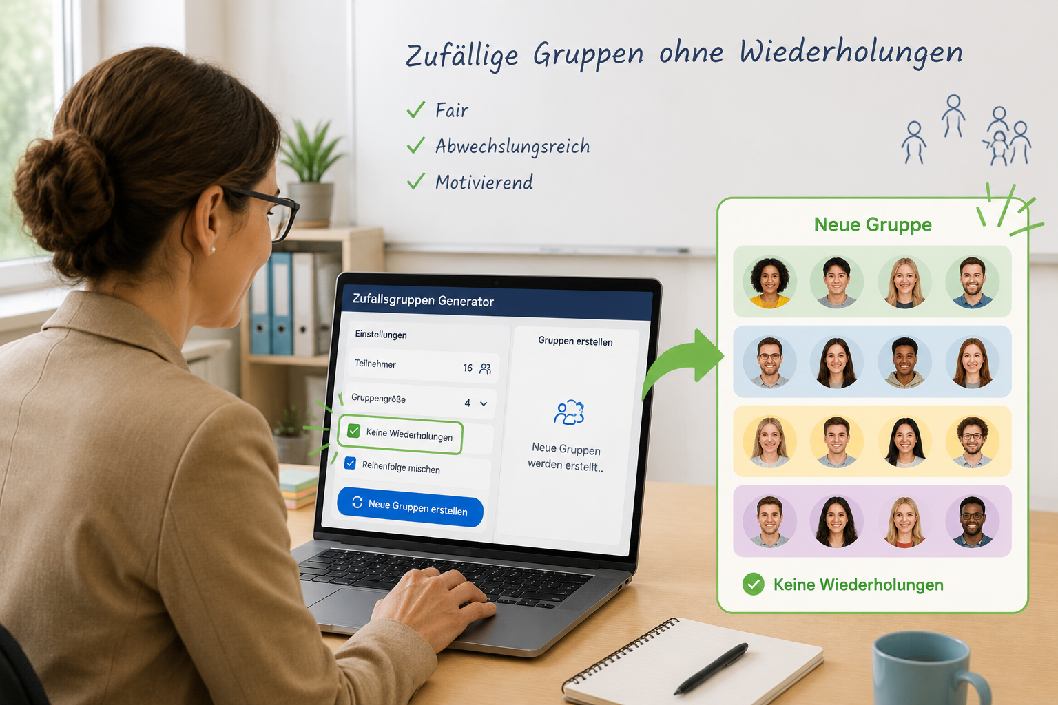 Eine Lehrerin sitzt an einem Laptop, auf dem die Oberfläche des Zufallsgruppen-Generators zu sehen ist. Das Häkchen bei „Keine Wiederholungen“ ist deutlich hervorgehoben, rechts daneben erscheint eine neue, bunt gemischte Gruppe.