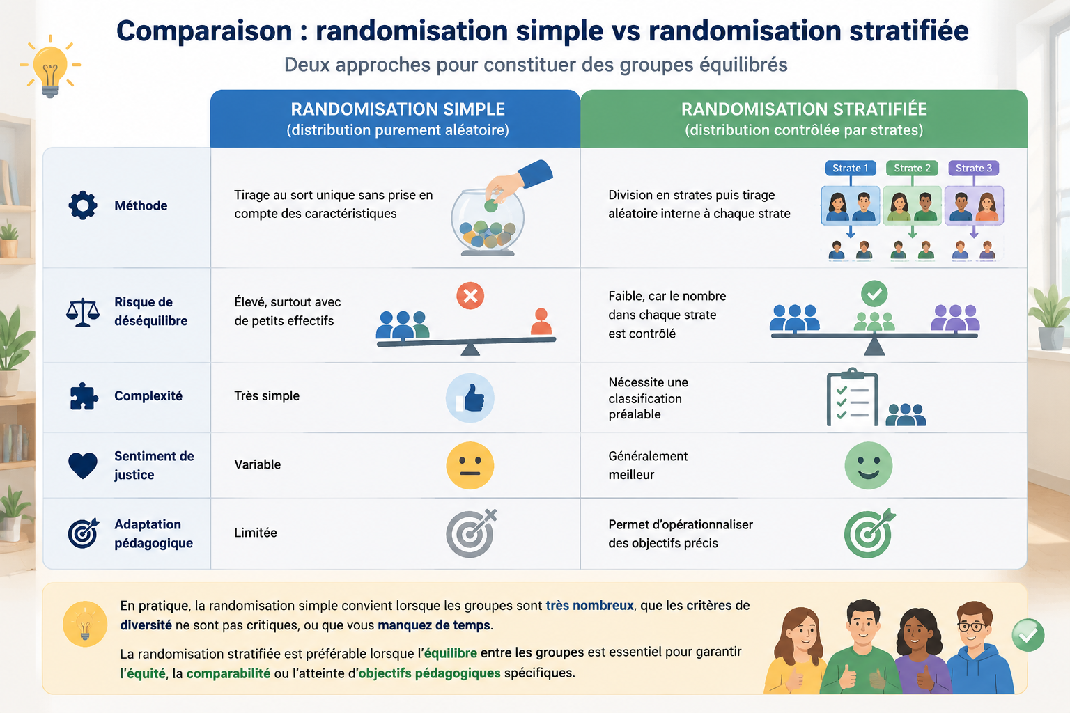 Tableau comparatif à deux colonnes : Randomisation Simple (distribution purement aléatoire) et Randomisation Stratifiée (distribution contrôlée par strates), avec icônes pour représenter l'équilibre et le déséquilibre