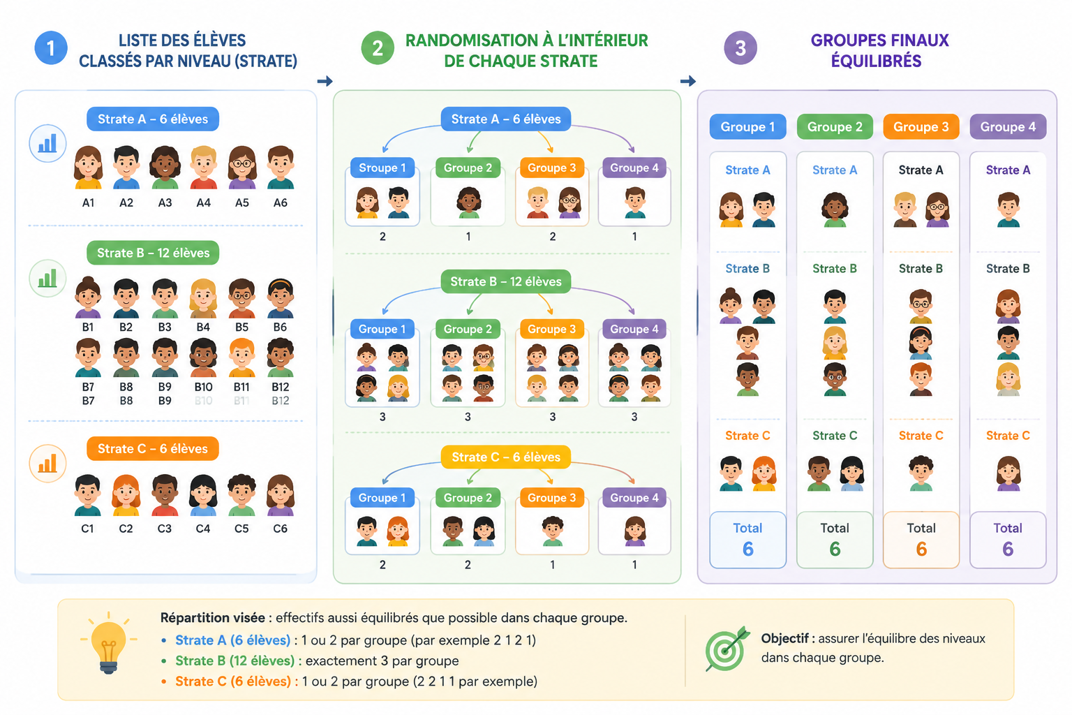 Schéma en trois étapes : liste des élèves classés par niveau, puis flèches de randomisation interne vers des groupes numérotés, puis groupes finaux équilibrés