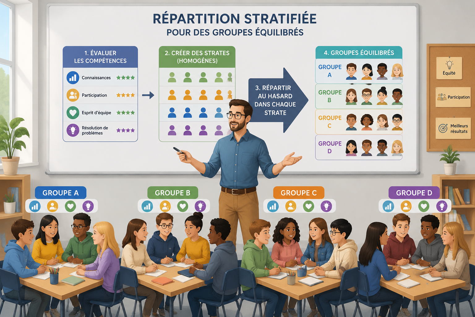 Illustration d'un enseignant répartissant les élèves en groupes équilibrés selon leurs compétences, avec une flèche symbolisant la stratification