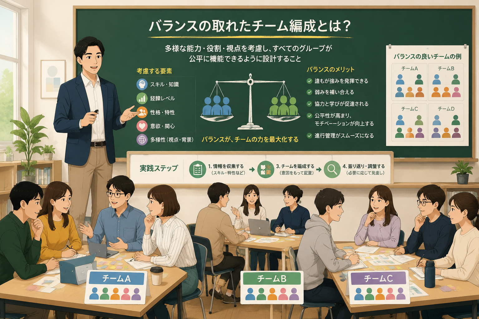 教師が黒板の前でバランスの取れたチーム編成の概念を説明しているイラスト