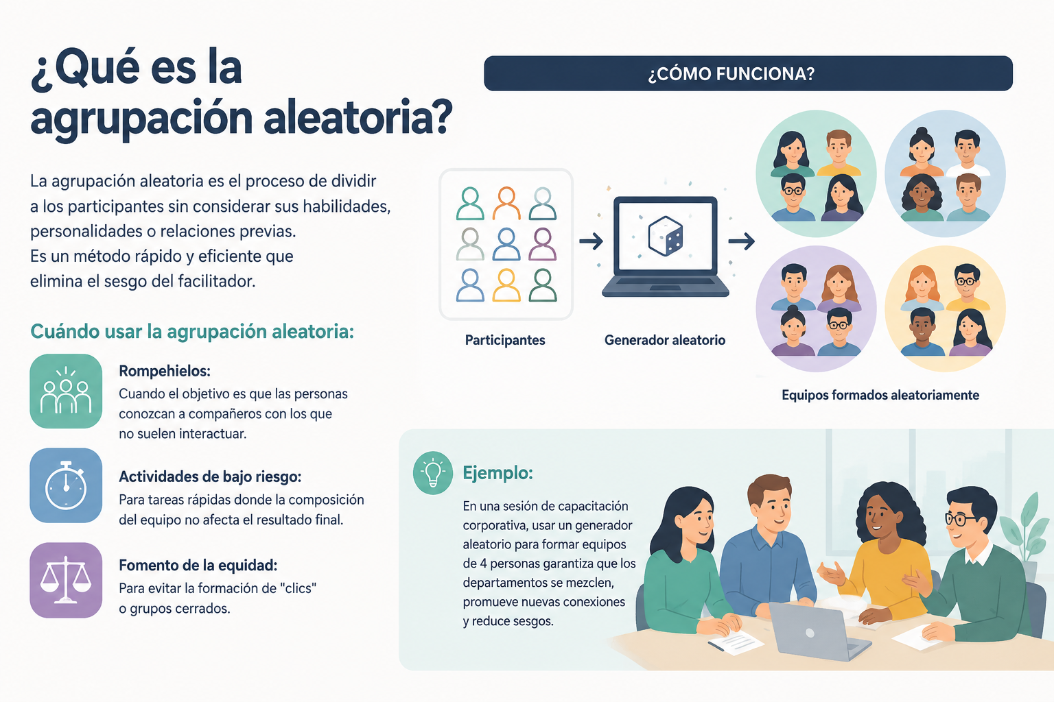 editorial knowledge graph illustration about ¿Qué es la agrupación aleatoria?. Section context: La agrupación aleatoria es el proceso de dividir a los participantes sin considerar sus habilidades, personalidades o relaciones previas. Es un método rápido y efic