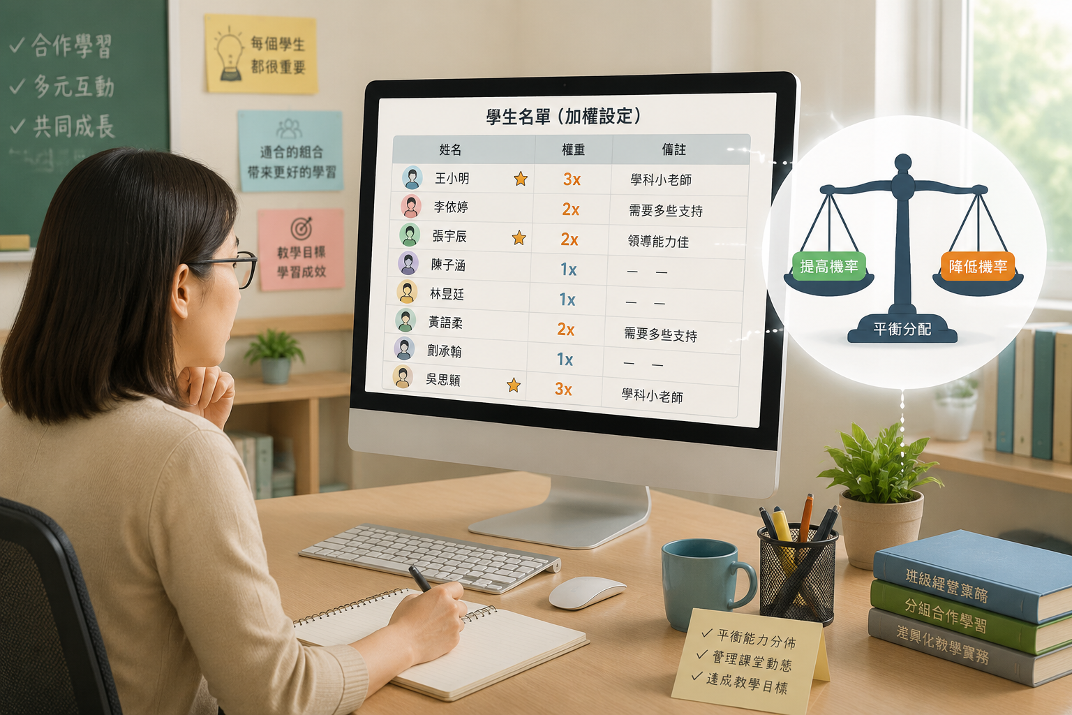 一位老師坐在電腦前,螢幕上顯示一份學生名單,有些名字旁邊標有星號或數字倍率,旁邊浮現一個天秤圖示,象徵平衡分配。