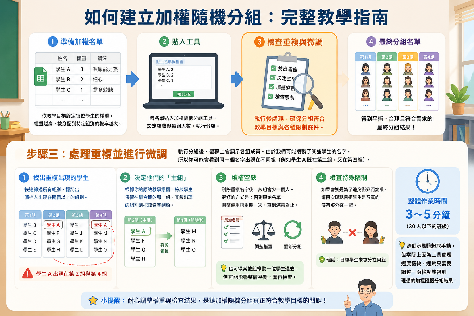 一個流程圖,從「準備加權名單」到「貼入工具」再到「檢查重複與微調」,最後輸出「最終分組名單」。