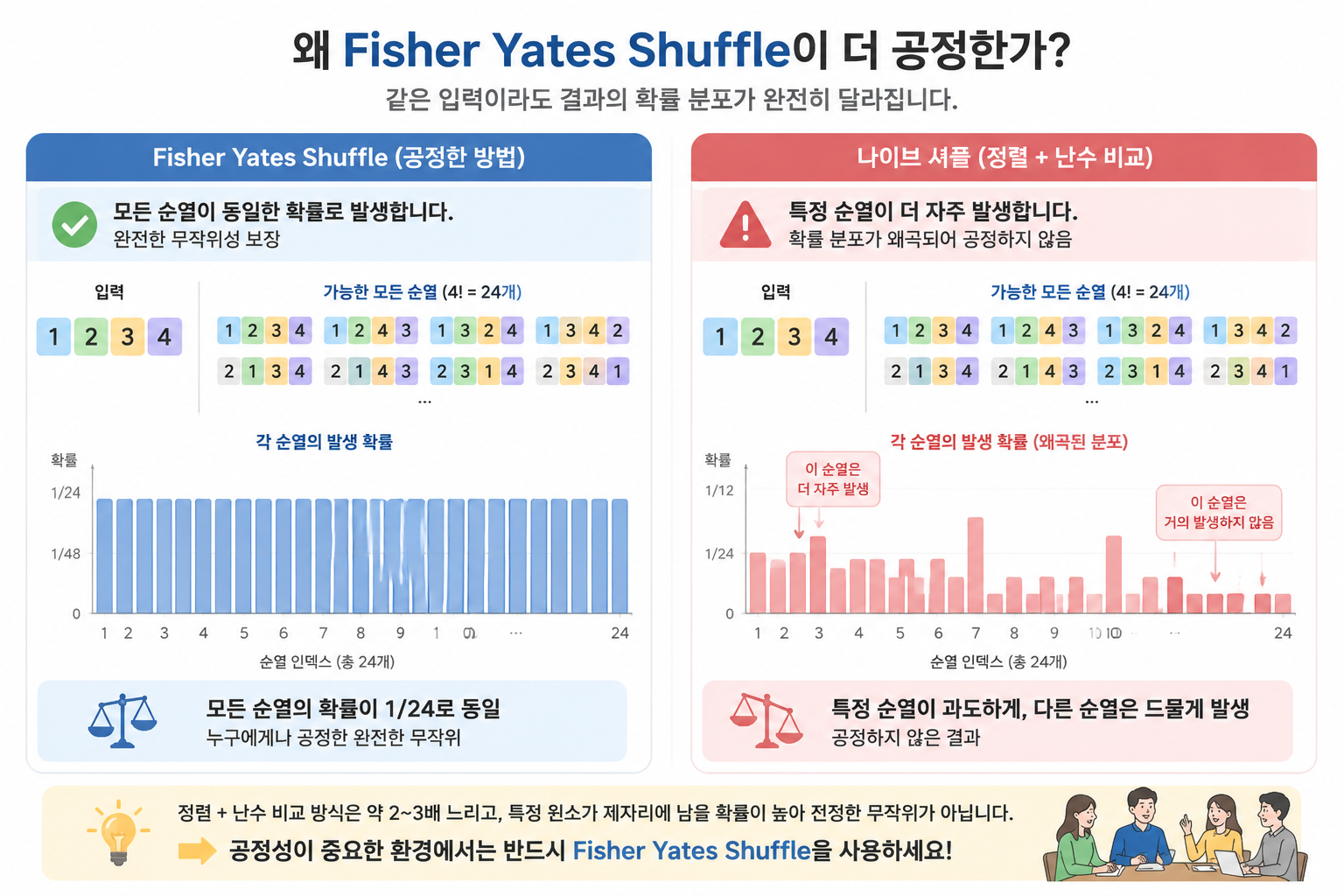 Comparison illustration showing unbiased Fisher-Yates shuffle producing equal-probability permutations vs. a biased naive shuffle where certain outcomes are overrepresented.