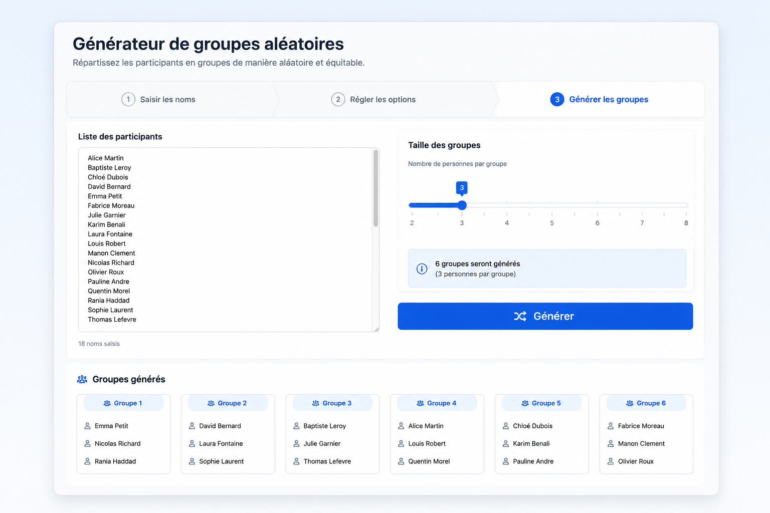 Capture d’écran de l’interface du générateur de groupes aléatoires sur random-group-generator.com montrant une liste de noms saisie, un curseur de sélection de la taille des groupes, et un bouton « Générer » affichant les groupes résultants en dessous.