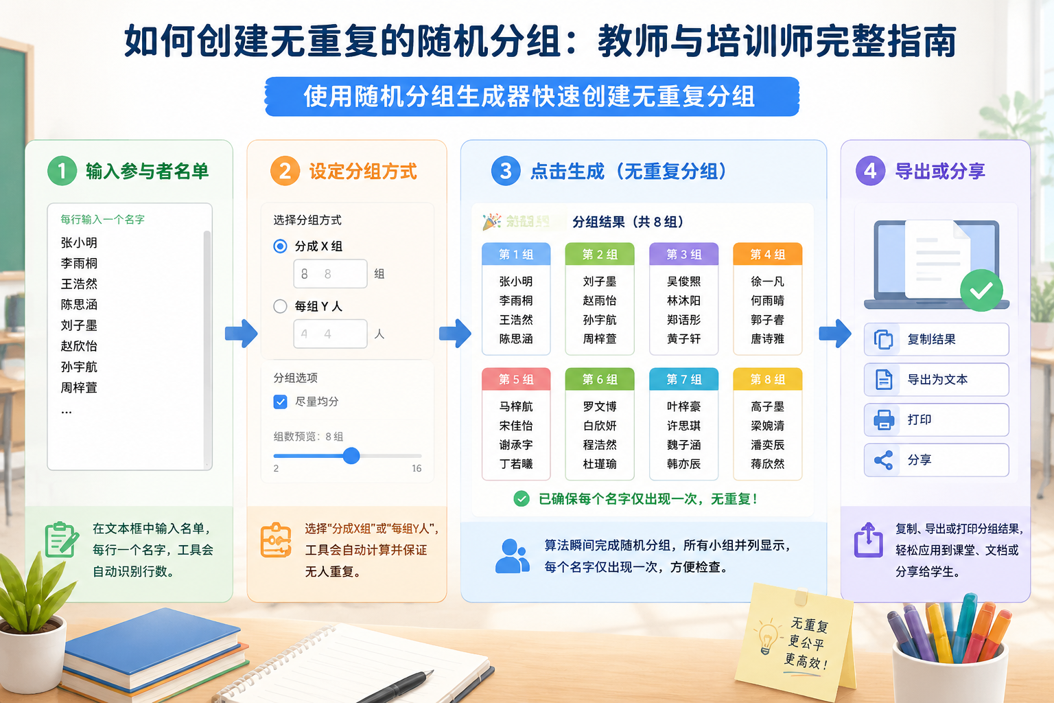 Step-by-step visual guide showing four boxes in sequence: 1) list of names entered, 2) choosing number of groups with a slider, 3) output showing groups with no repeated names, 4) export option icon, all in a bright instructional art style.