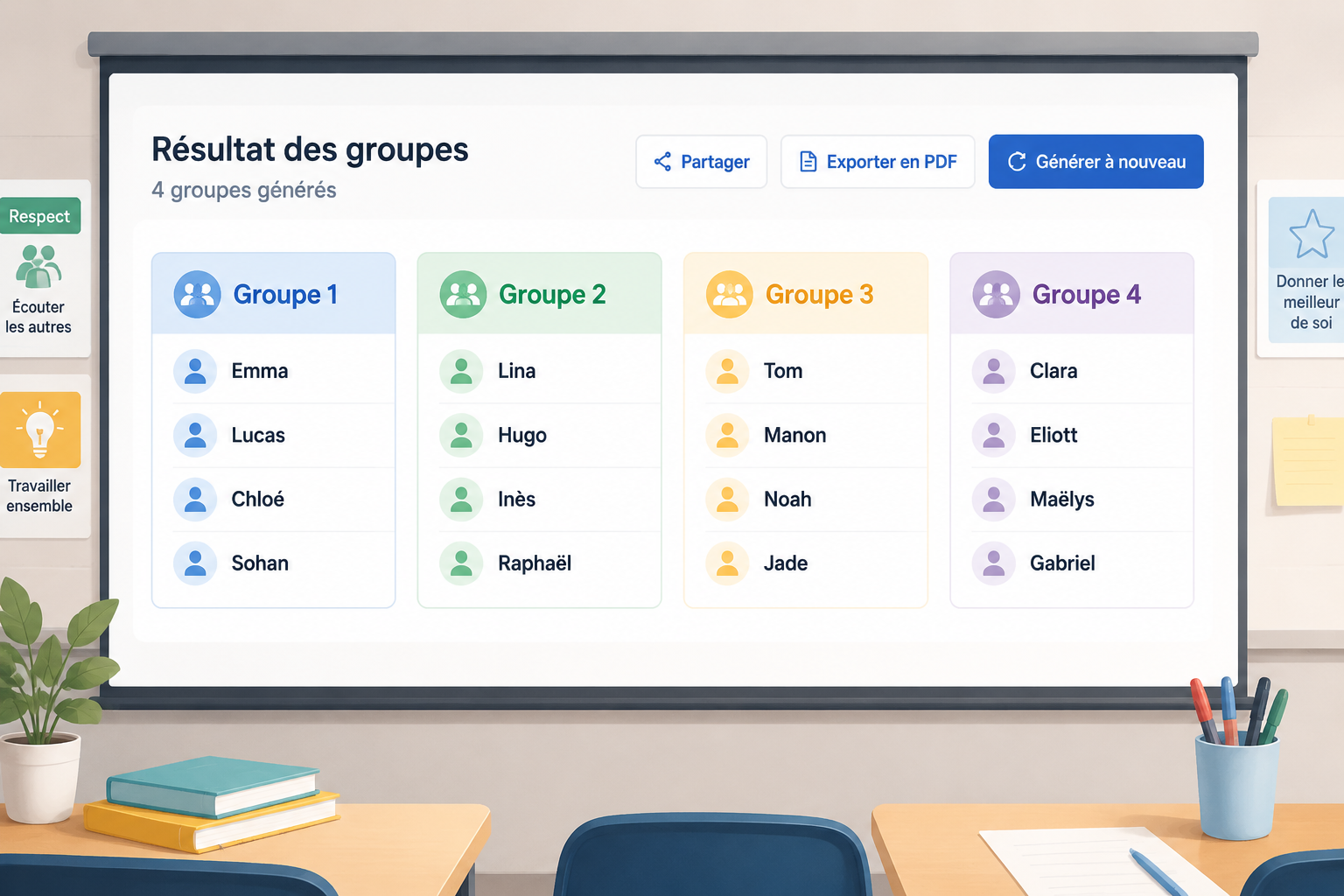 Vue simplifiée de l'écran de résultat montrant 4 groupes colorés avec des prénoms d'élèves sous chaque titre de groupe, le tout dans une palette sobre et adaptée à la classe.