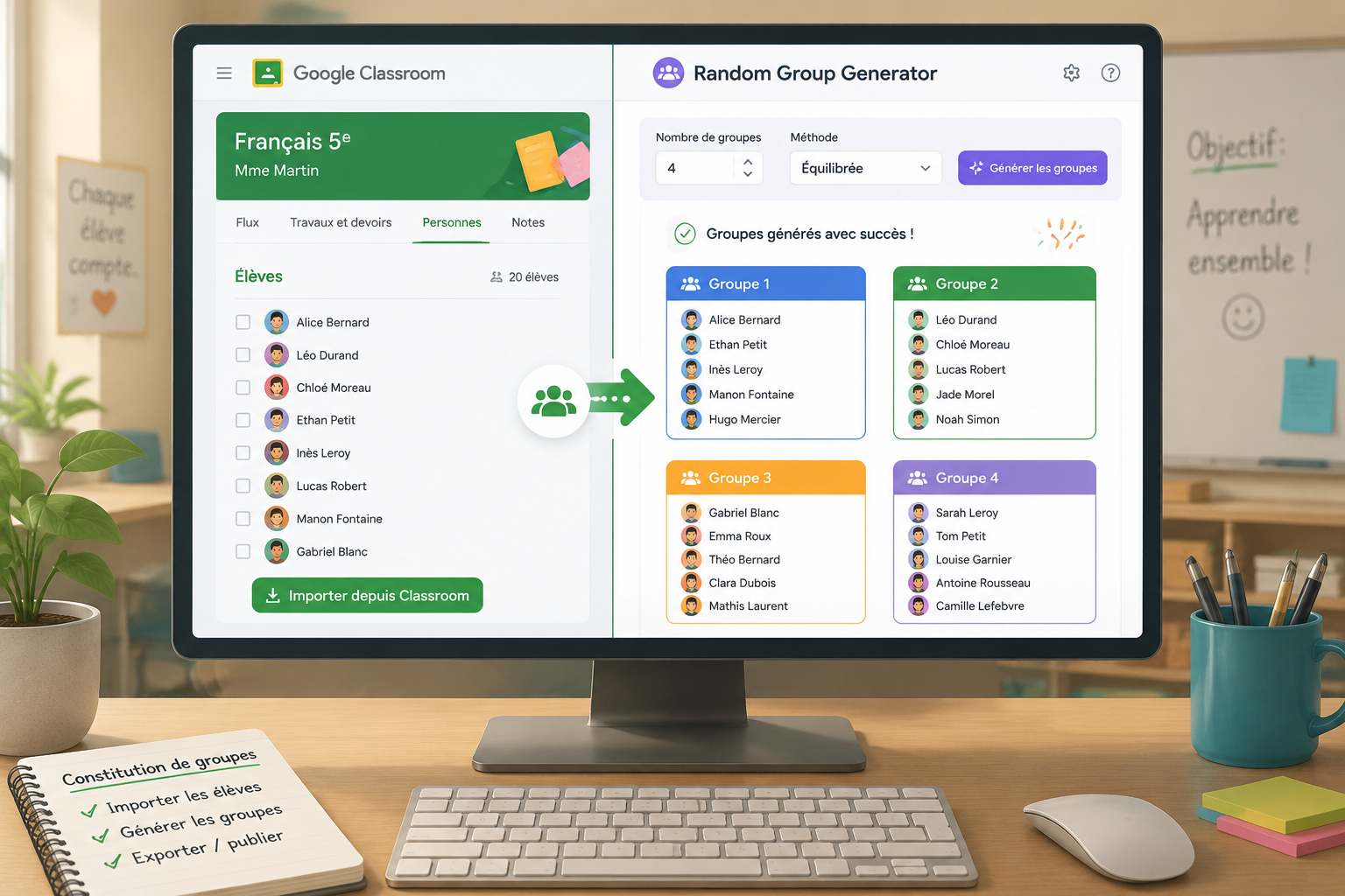 Illustration d'un écran d'ordinateur partagé entre l'interface de Google Classroom et celle du Random Group Generator avec des groupes colorés se formant automatiquement.
