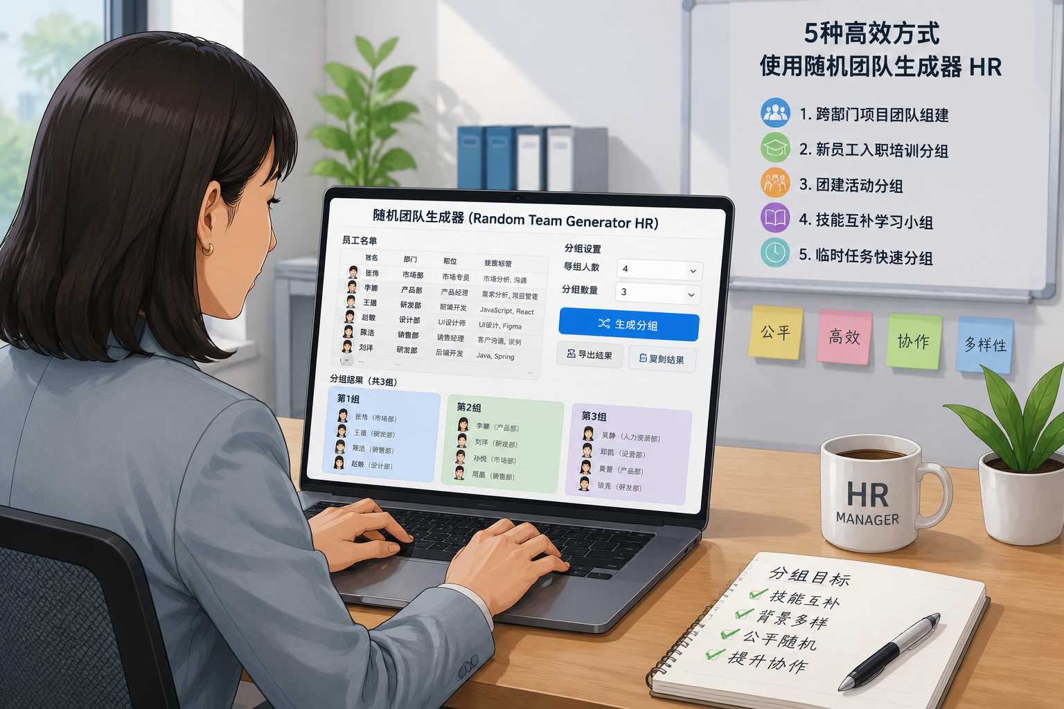 HR经理在笔记本电脑前使用随机团队生成器,屏幕显示员工名单和分组表格,现代办公插画