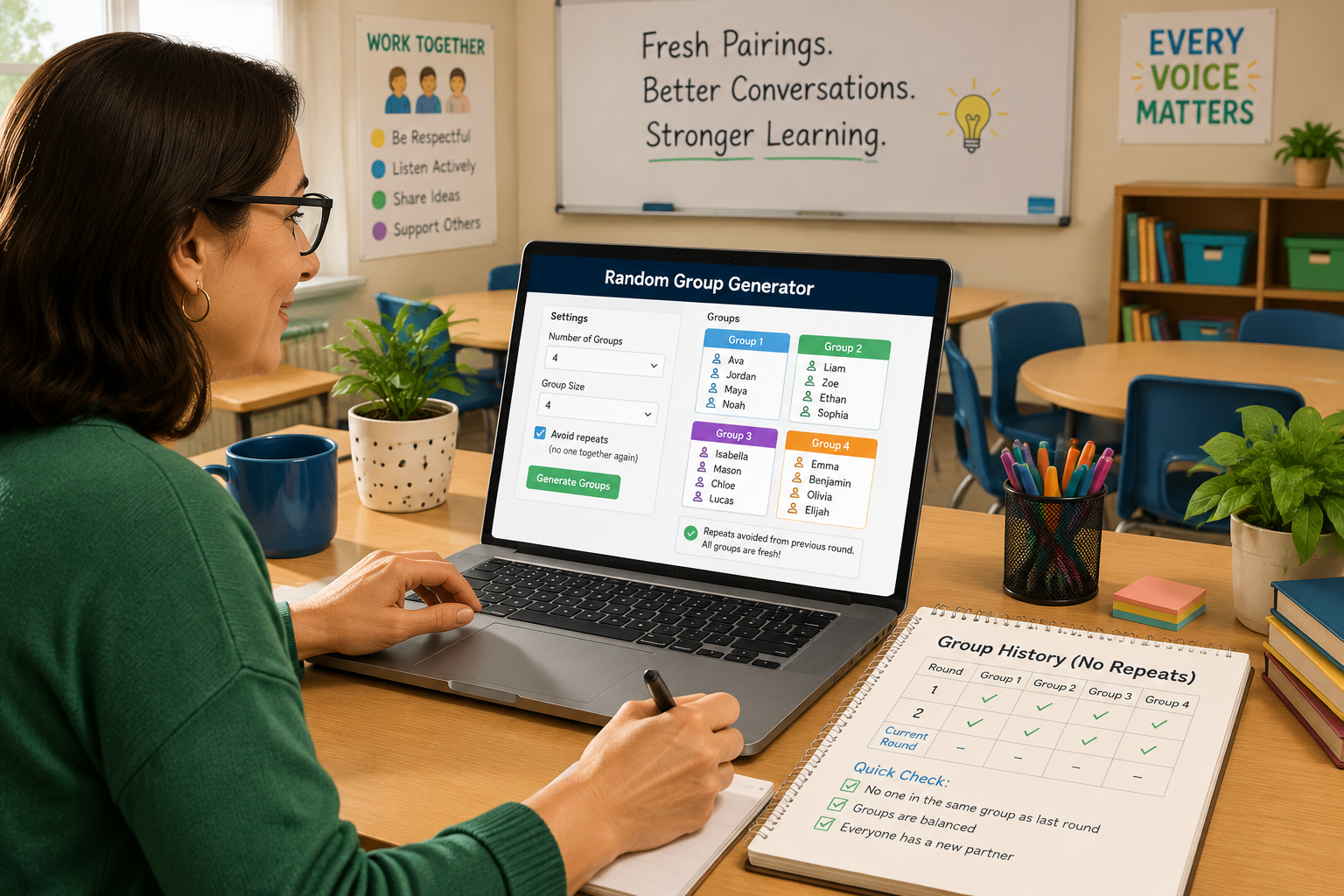 A teacher at a desk, laptop open to a group generator tool, while a notepad beside it shows tracked group pairings. Bright classroom illustration.