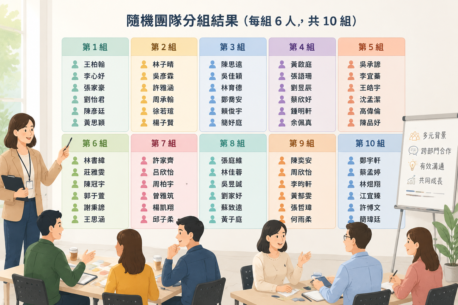 色彩區分的分組表格，六個名字一組，組別以柔和色塊顯示，呼應團隊多元的視覺意象，無任何品牌標示。