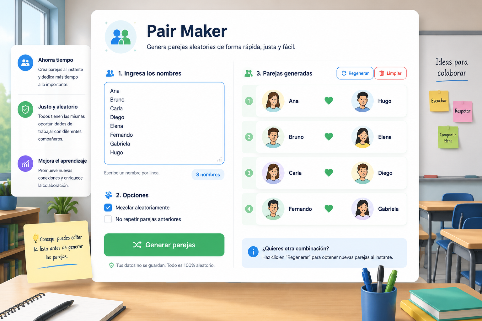 Interfaz del pair maker mostrando campos de entrada de nombres, botón para generar parejas y una lista de pares ya formados, con un diseño limpio y amigable.