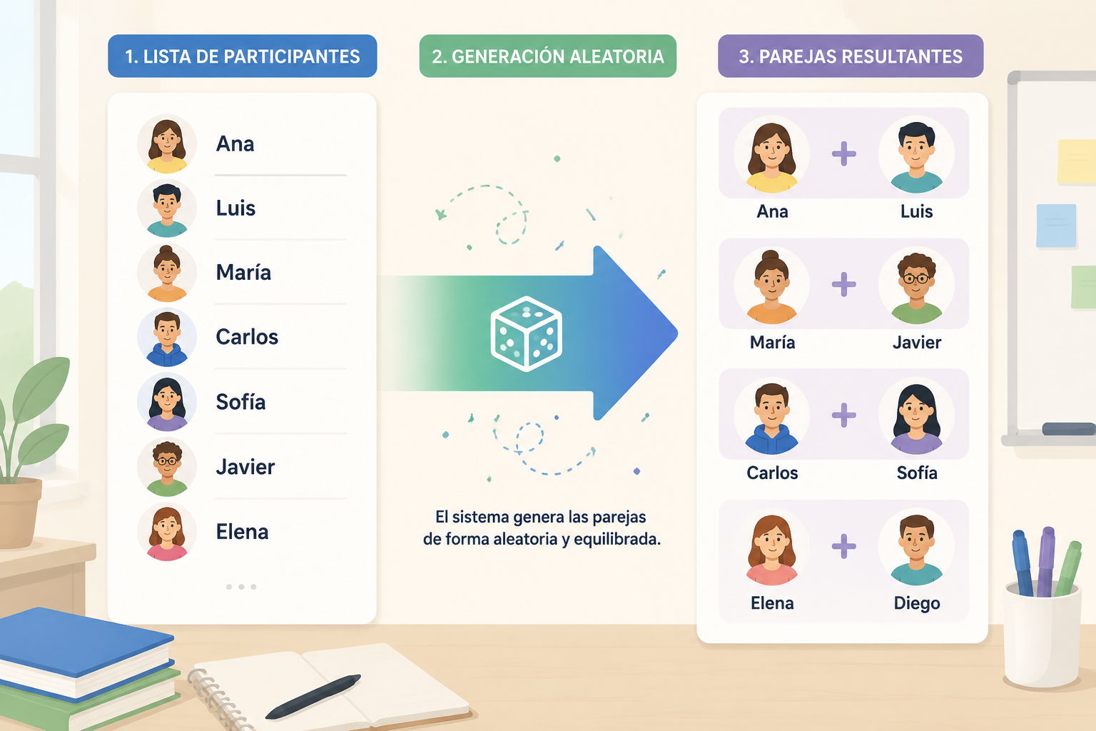 Flujo de uso del pair maker: lista de nombres a la izquierda, flecha central que representa la generación aleatoria y a la derecha la lista de parejas resultantes, con iconos de personas.