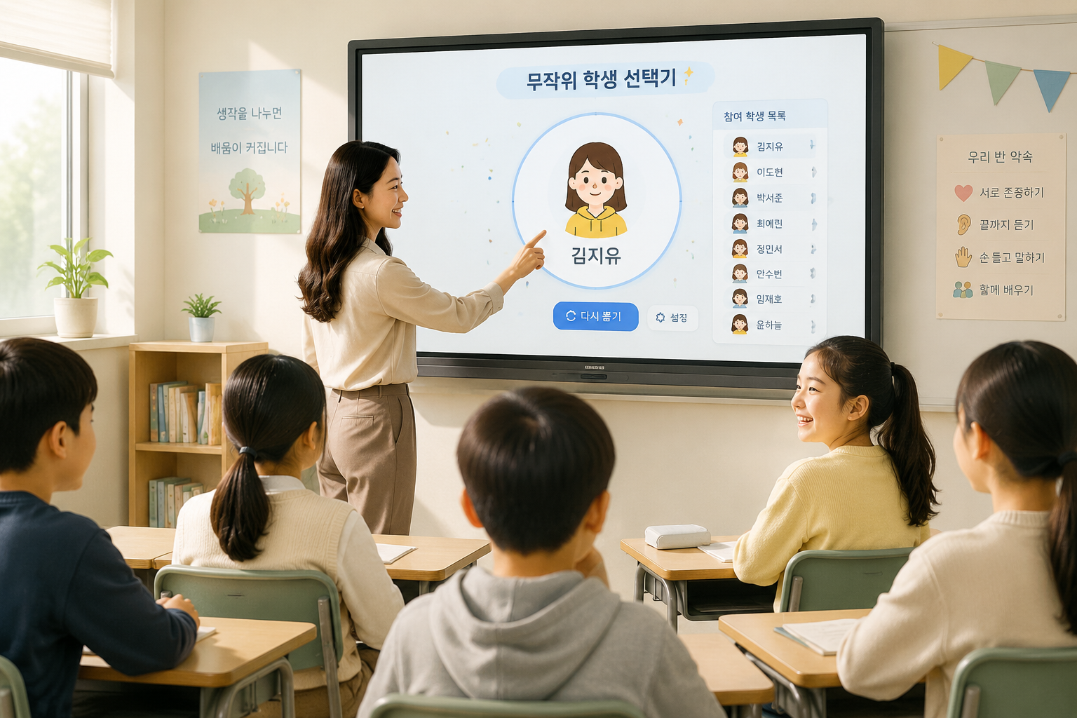 인터랙티브 보드 앞에 선 교사가 무작위 학생 선택기 화면을 터치하고 있으며, 책상에 앉은 학생 중 한 명이 환하게 웃는 모습. 교실 전체가 밝고 온화한 조명으로 편집됨.
