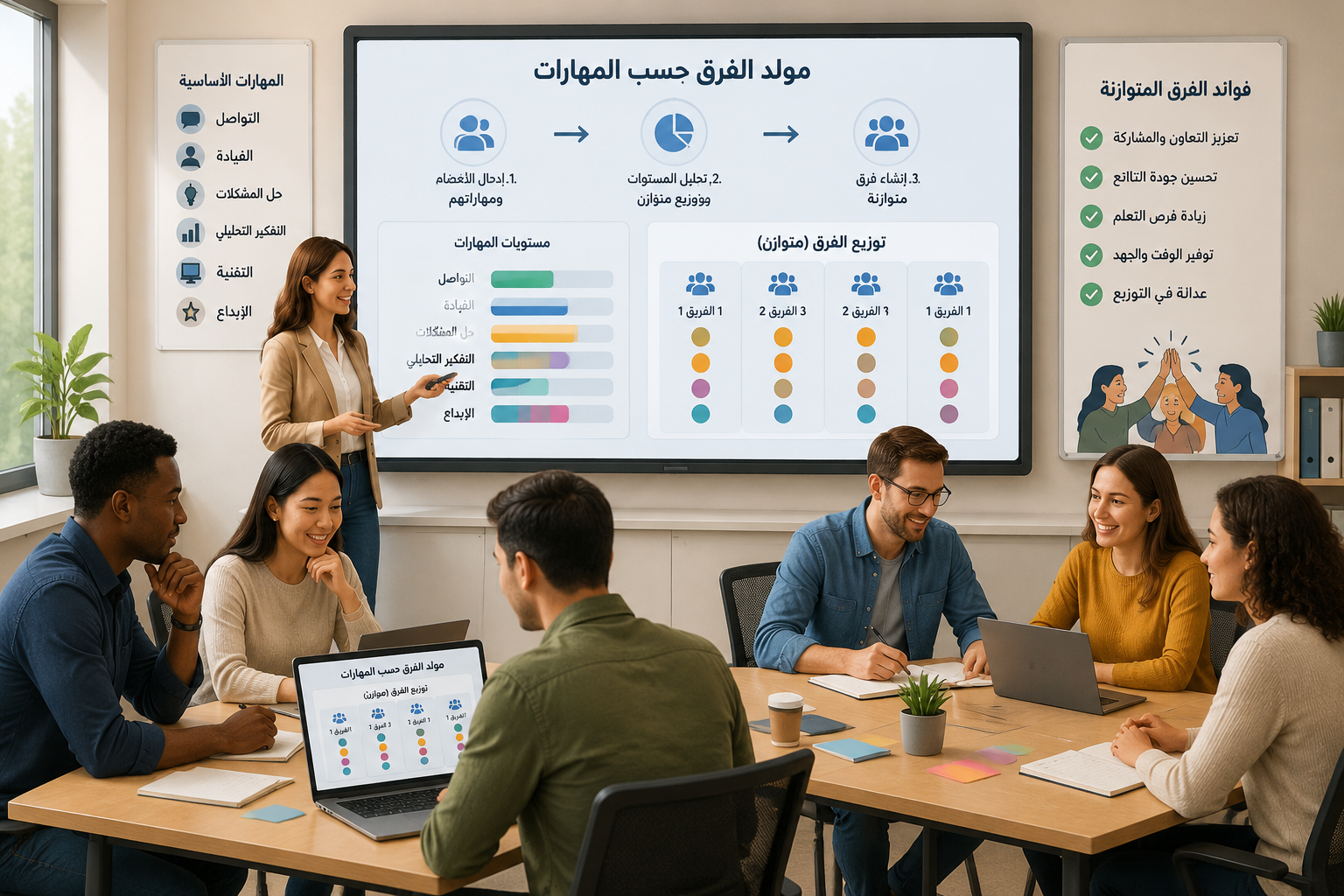 Illustration of a classroom and workshop participants being grouped into balanced teams using a digital tool, showing skill levels distributed evenly across groups