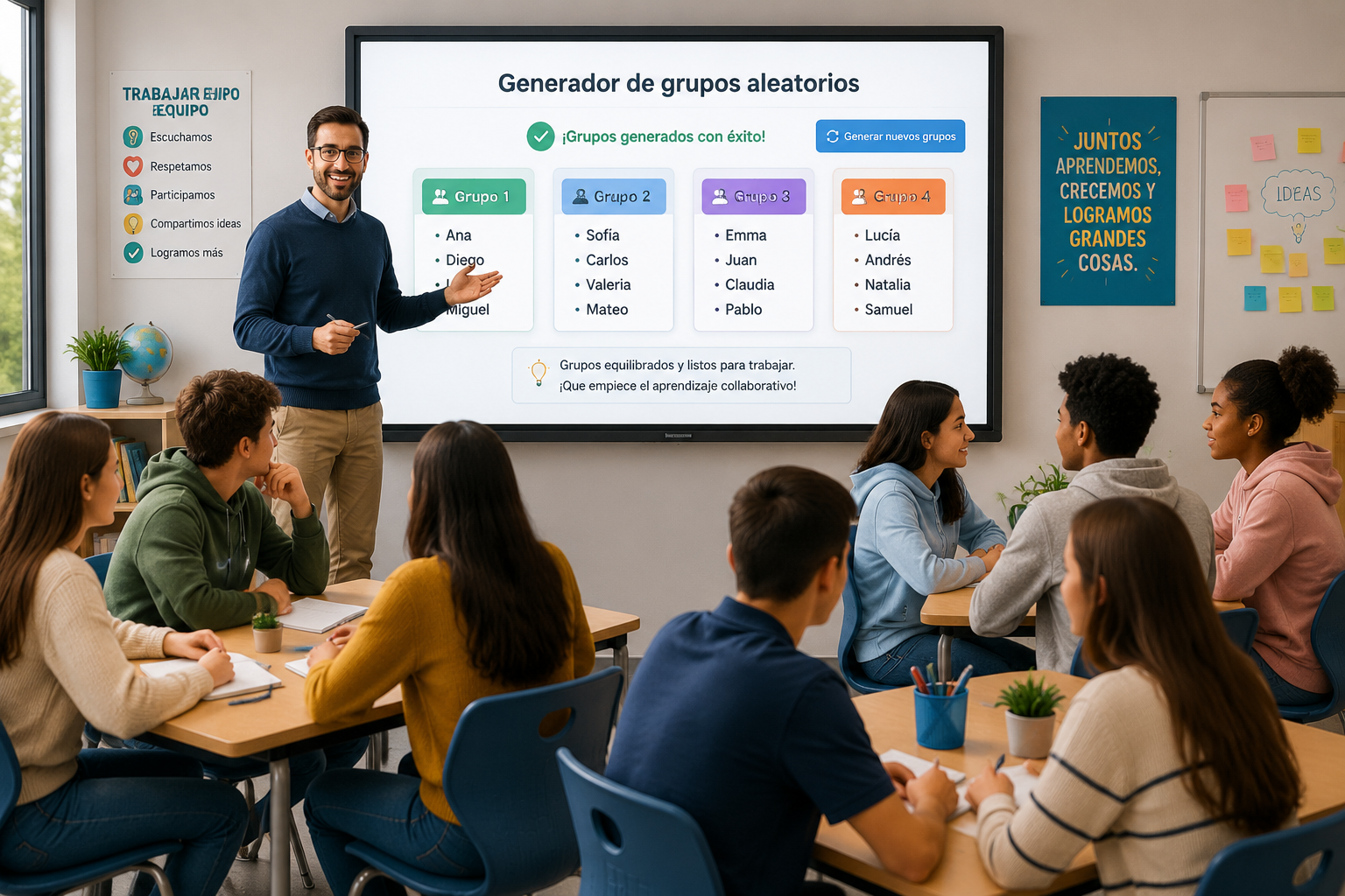 Profesor sonriente mostrando en una pizarra digital un generador de grupos aleatorios mientras los estudiantes observan organizados en equipos