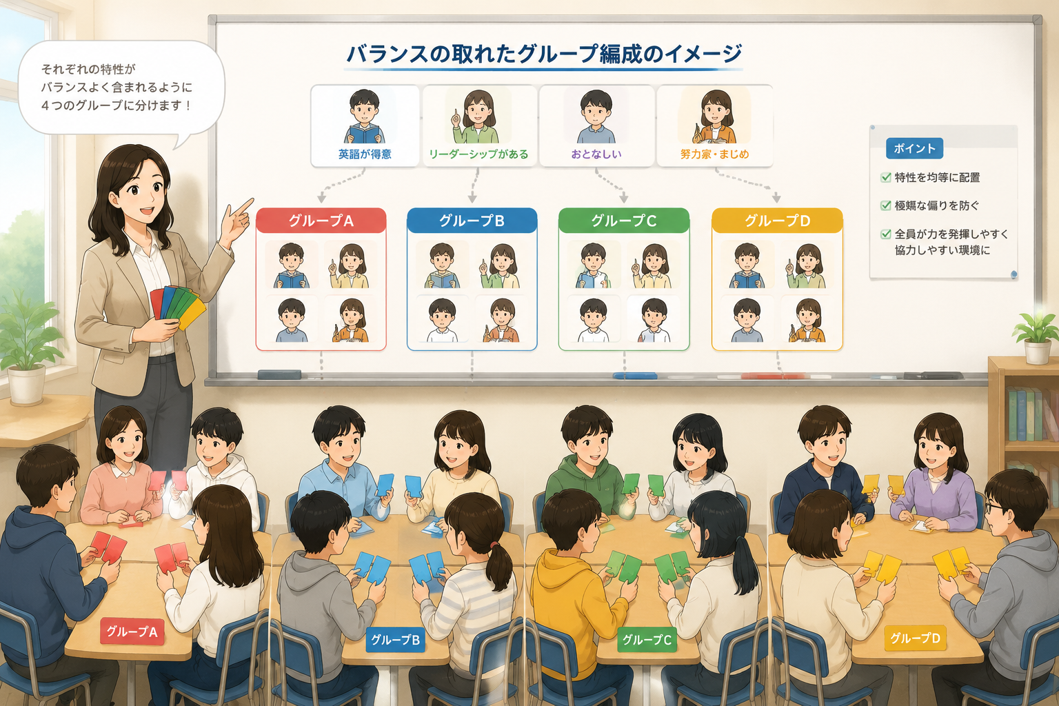 教師がホワイトボードの前でクラスを4つのグループに分けるイラスト。各グループに異なる色のカードが配られ、メンバーの特性が均等に分配されている様子を表現。